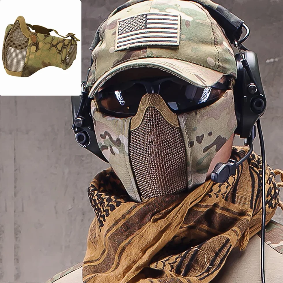 Półmaska siatkowa Airsoft z ochroną uszu, składana do paintballu i polowania