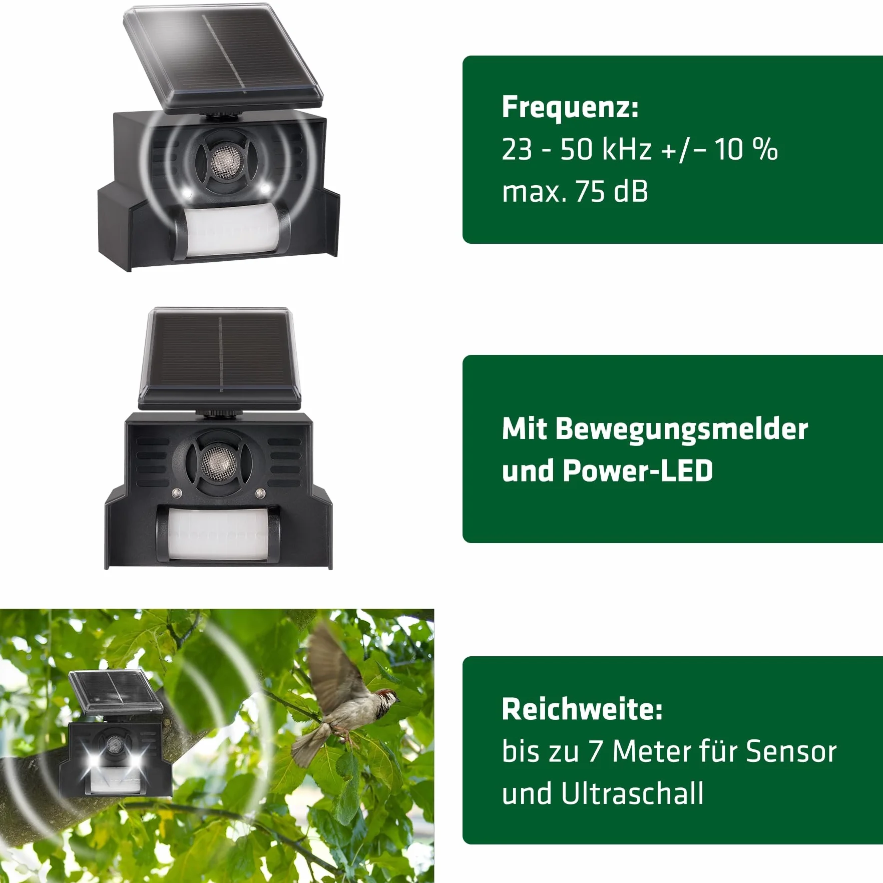 GARDIGO® Ultradźwiękowy odstraszacz ptaków, solarny, elektroniczny strach na wróble z ultradźwiękami i lampą błyskową LED, 23-50 kHz, zasięg 110° i 7 m, odstraszacz ptaków do domu, na balkon i do