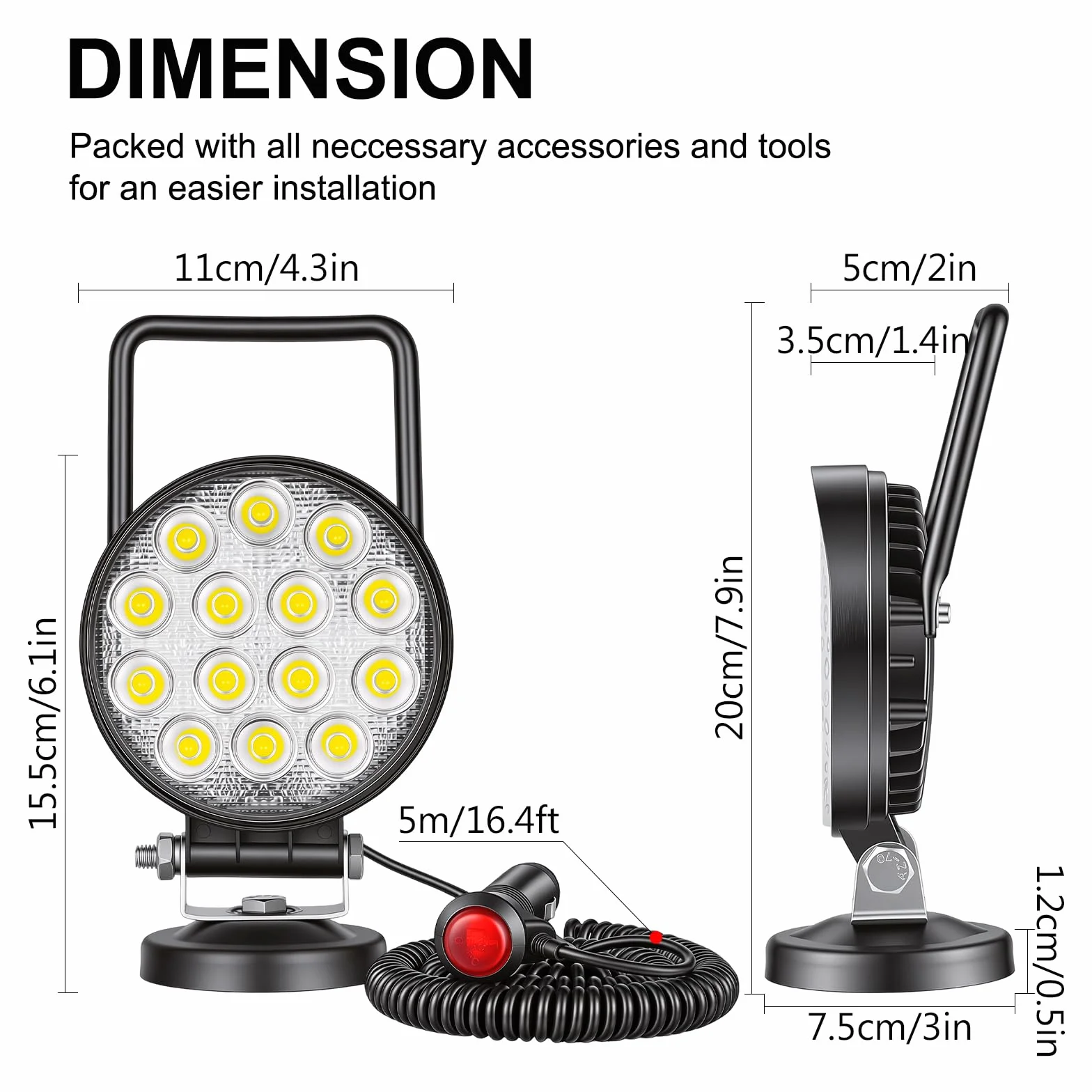 RIGIDON Reflektor roboczy LED 42W 12V 6000K magnetyczna podstawa 10cm 4"