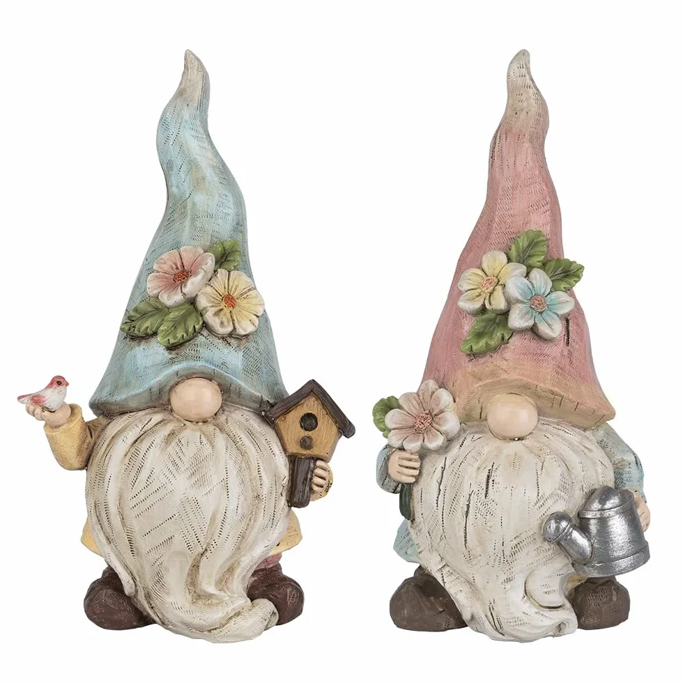 Ideen mit Herz Dekoracyjne figurki skrzat, para z konewką i domkiem dla ptaków, krasnal ogrodowy, wiosenna dekoracja do domu i rabatki kwiatowej, wysokość 23 cm, szerokość 10 cm, 2 sztuki