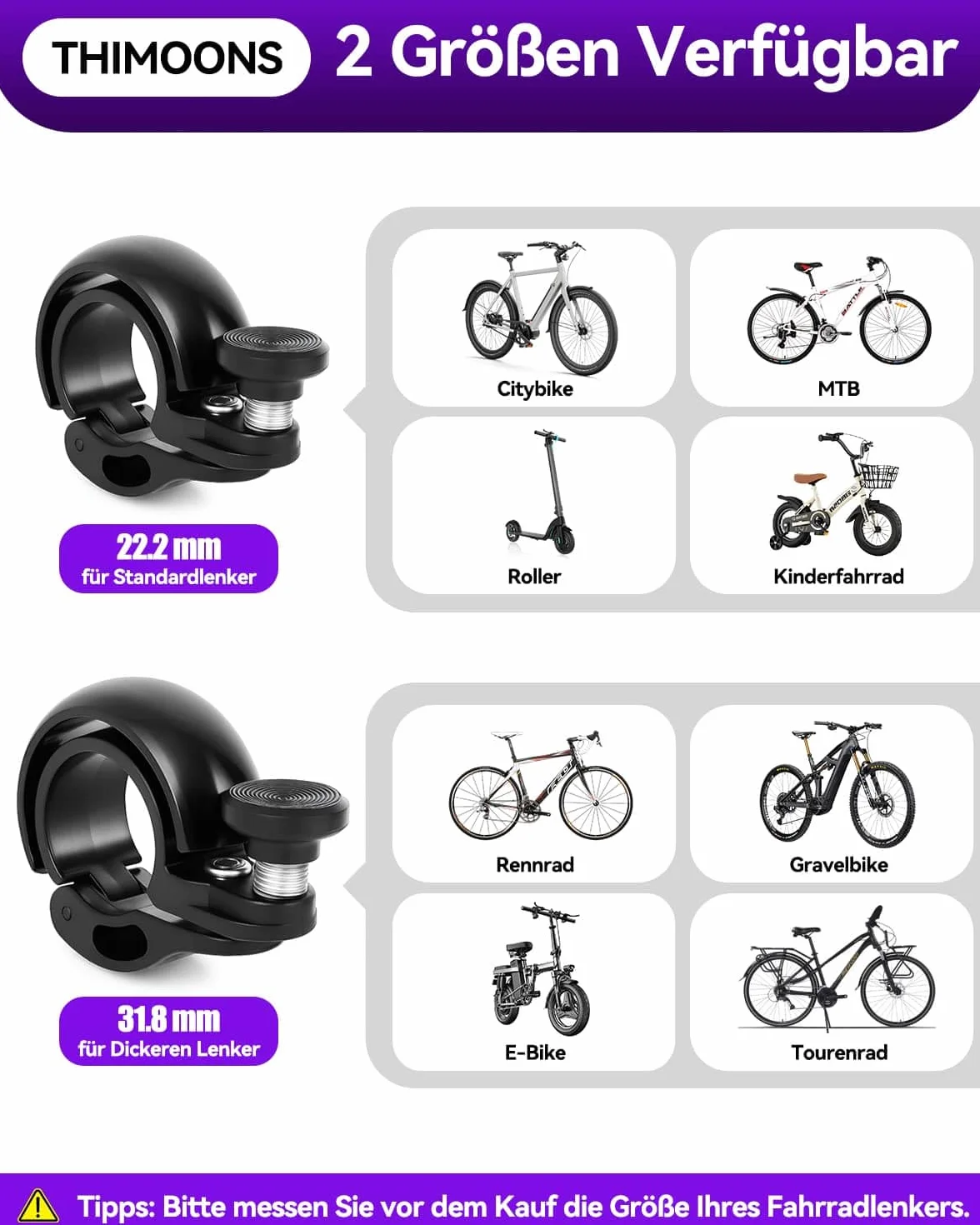 Dzwonek Rowerowy THIMOONS | 2025 Nowa Wersja | Mini Głośny i Jasny | Dzwonek Rowerowy MTB, Pasuje do Kierownicy 22,2 mm