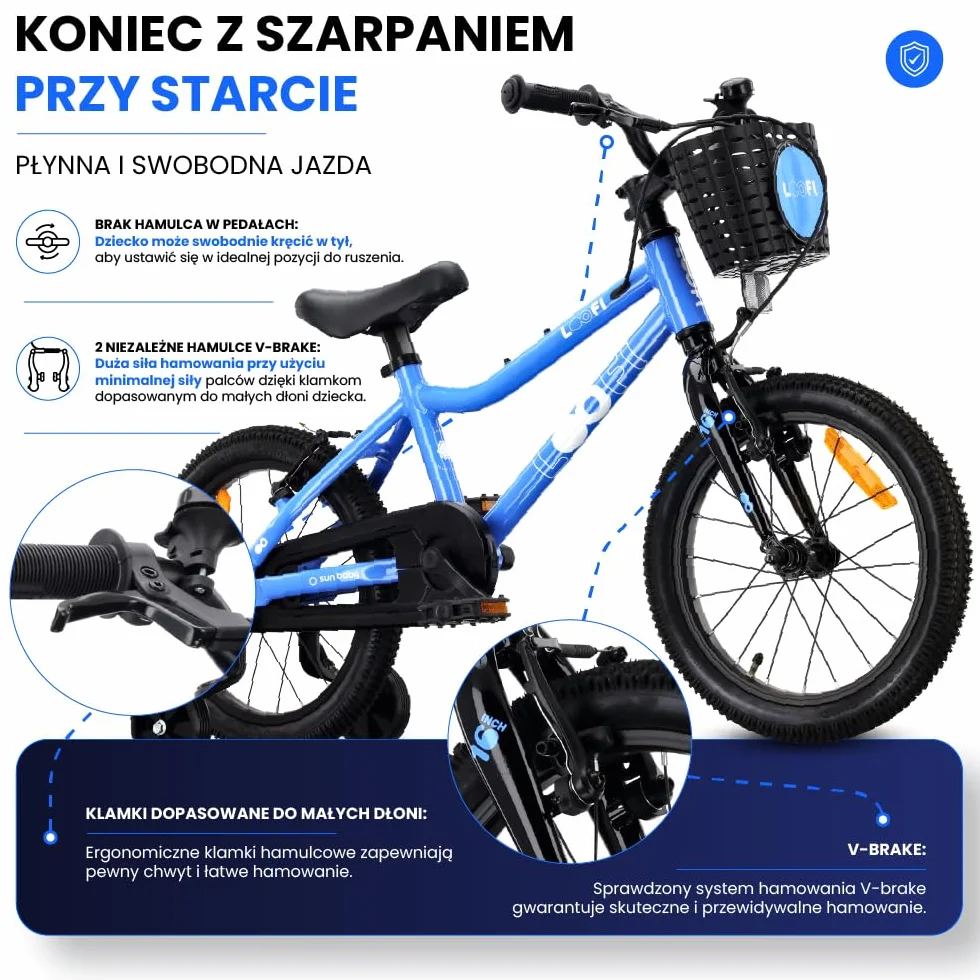 Sun Baby Rower Dziecięcy LOOFI 12 14 16 Cali, Dziewczęcy i Chłopięcy 2-6 Lat, Max 50 kg - lekka rama aluminiowa, z kółkami bocznymi, koszykiem, dzwonkiem, naklejkami