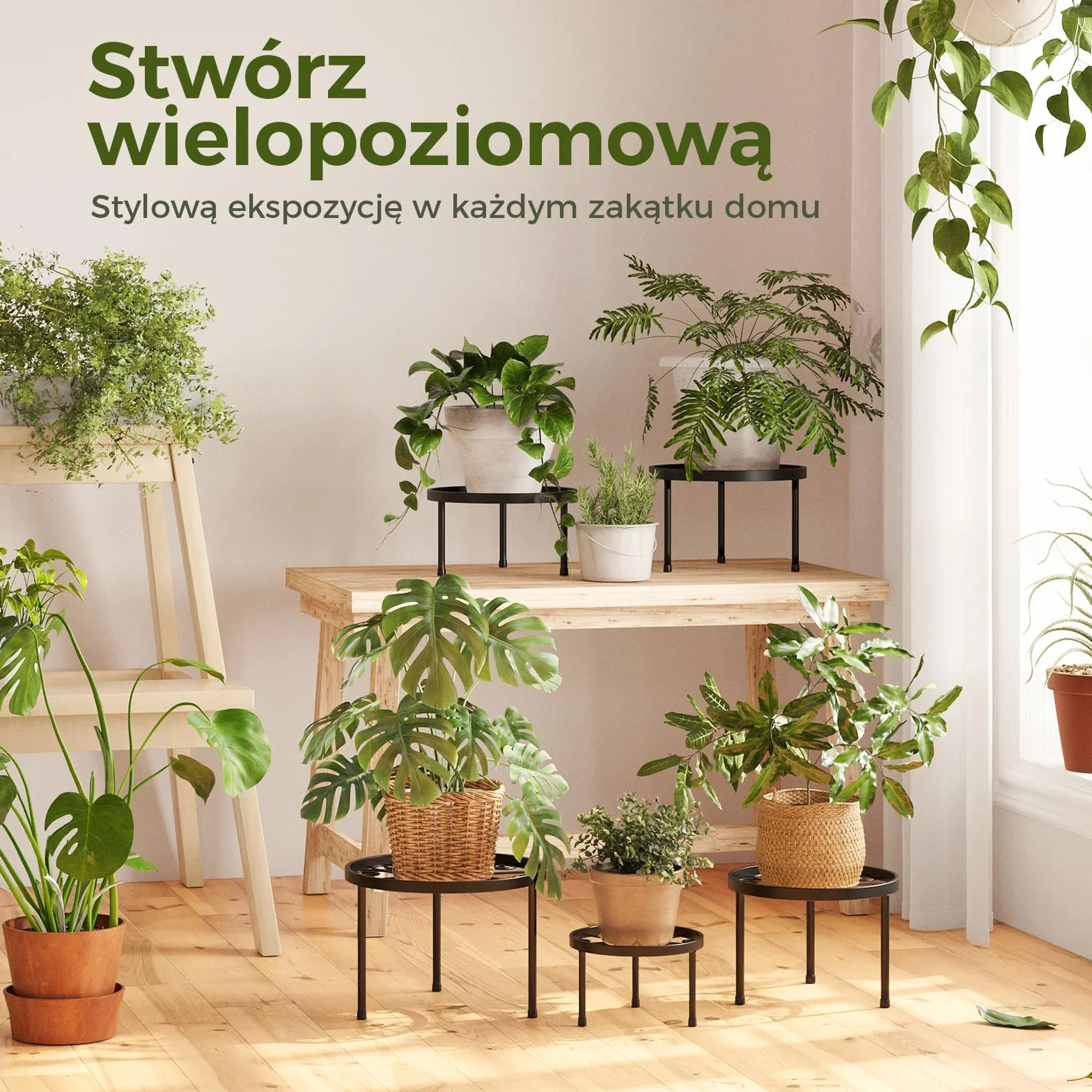 Bamworld 5 Sztuk Metalowe Stołki pod Kwiaty, Czarny Żelazny Stojak na Doniczki, Wytrzymały i Odporny na Korozję do Użytku Wewnętrznego i Zewnętrznego, Okrągły do Dekoracji Domu i Ogrodu