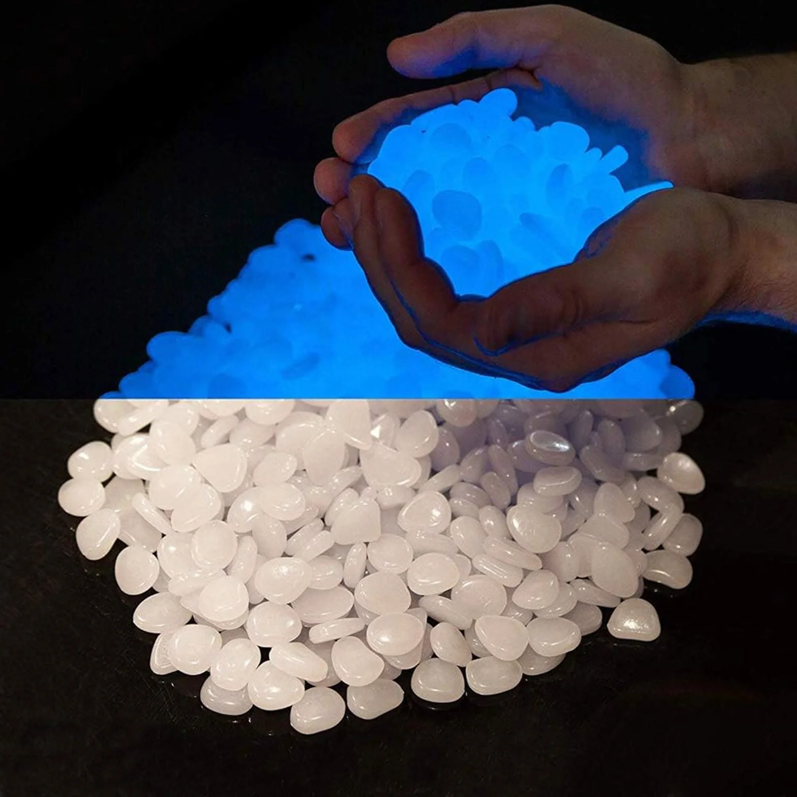 MOGADEE® 300 sztuk białych świecących kamieni do ogrodu, świecące kamienie do ogrodu, kamienie fluorescencyjne, dekoracja akwariowa, kamienie dekoracyjne, chodniki, trawnik, ogród (1 cm + 2-3 cm)