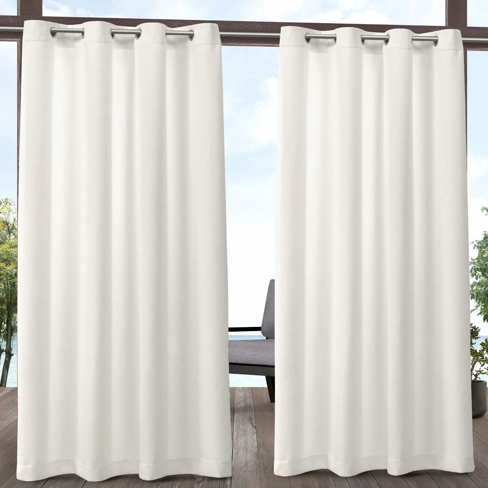 Exclusive Home Biscayne wewnętrzne/zewnętrzne dwukolorowe teksturowane przelotki górny panel zasłonowy, 137 cm x 213 cm, kość słoniowa, zestaw 2 sztuk