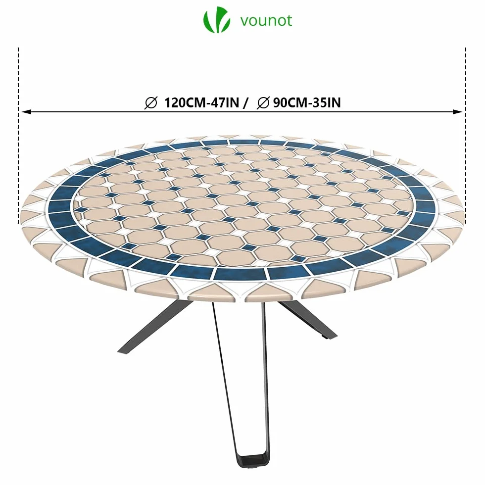 VOUNOT Okrągły obrus Elastyczny piknik na świeżym powietrzu Wodoodporny pokrowiec na stół Ceramiczny wzór 90-120cm