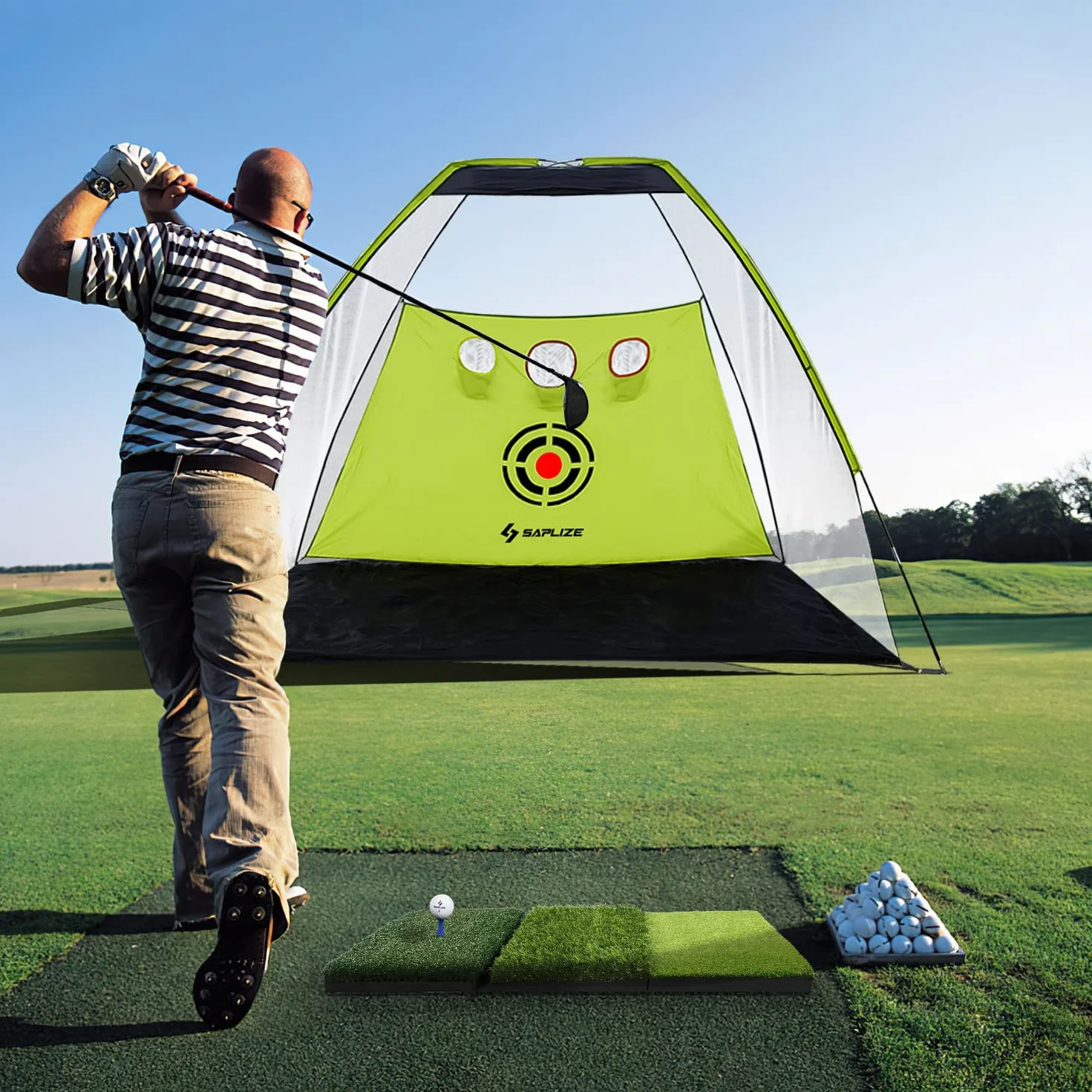 SAPLIZE Duża składana mata do gry w golfa, ciasna linia, surowa i fairway do jazdy samochodem, chippingu i treningu puttingu, przenośna mata do ćwiczeń golfowych