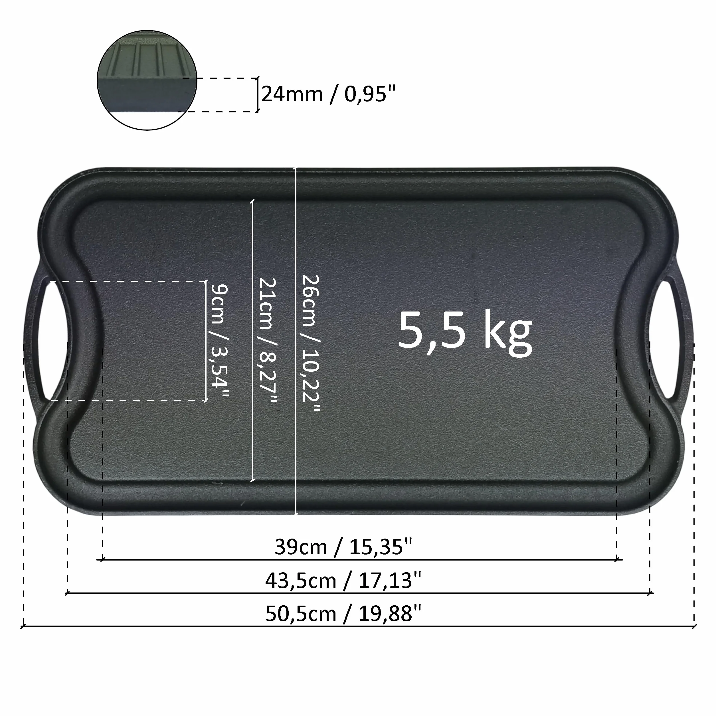 Żeliwna płyta do grilla gazowego, żeliwna Plancha, duża płyta żeliwna, 50 x 27 cm, 5,5 kg