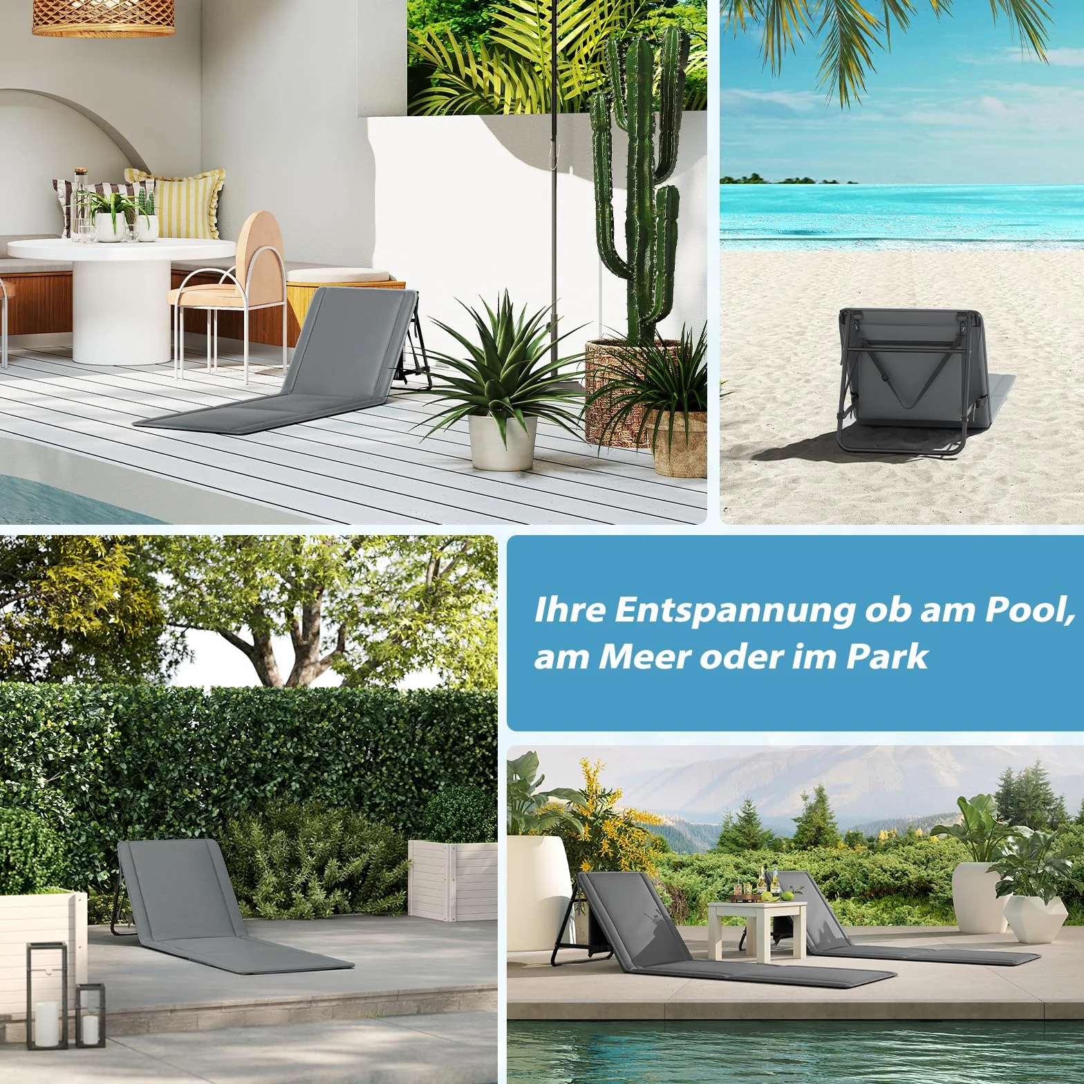 UDPATIO Zestaw 2 mat plażowych z oparciem, regulowane leżaki plażowe, składane, lekkie, składane leżaki na plażę, obciążenie 150 kg, mata przeciwsłoneczna, wyściełana torbą, szara, wodoszczelna
