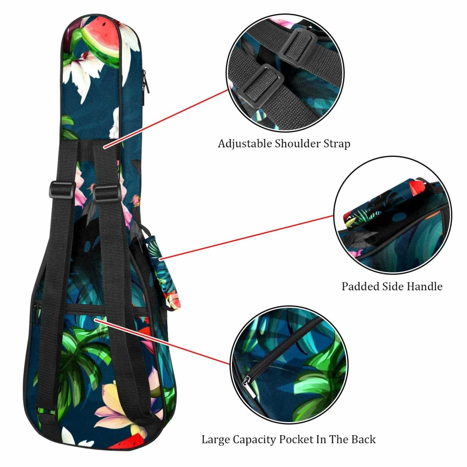 Torba na ukulele lato arbuz piwonia kwiat tropikalne liście ukulele etui na koncert sopranowy tenorowy 23 cale 10 mm grubości miękkie wyściełane regulowane paski torba na koncert koncert