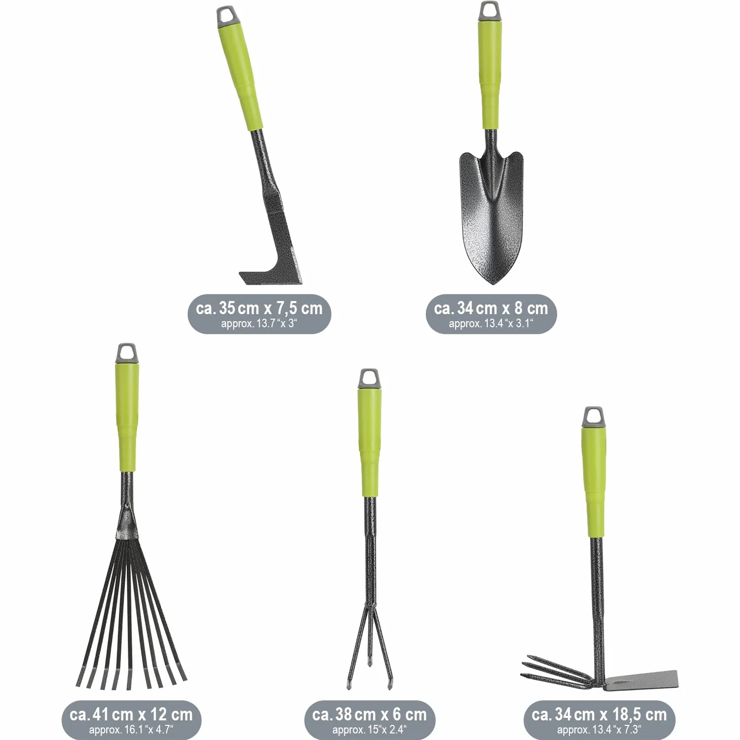 COM-FOUR® 5-czesciowy zestaw narzedzi ogrodowych - zestaw ogrodowy z podwójna motyka, malym kultywatorem, skrobaczka do fug, grabiami recznymi, kielnia