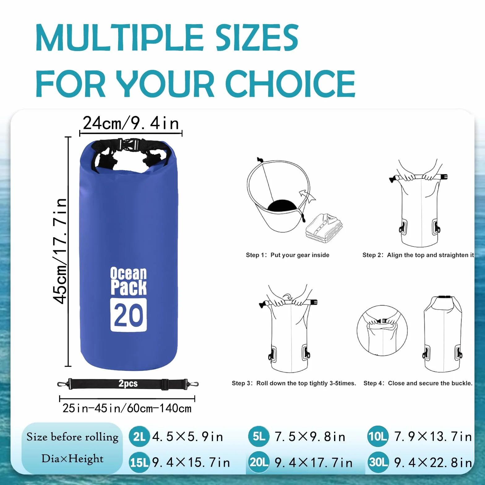 20L Niebieska wodoszczelna torba, Dry Bag 2L/5L/10L/15L/20L/30L z regulowanym paskiem, chroni telefon/kartę, worek wodoodporny z rolowanym górnym zamknięciem na plecak do pływania/raftingu/kajaka