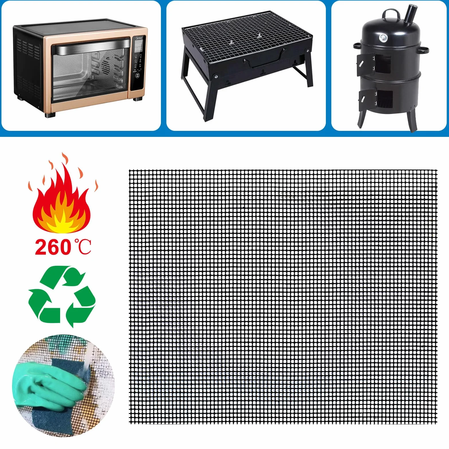 GWHOLE Zestaw 4 mat do grilla BBQ, nieprzywierające siatki do grillowania wielokrotnego użytku do grilla gazowego, węglowego i elektrycznego oraz piekarnika, odporne na wysoką temperaturę, arkusze do