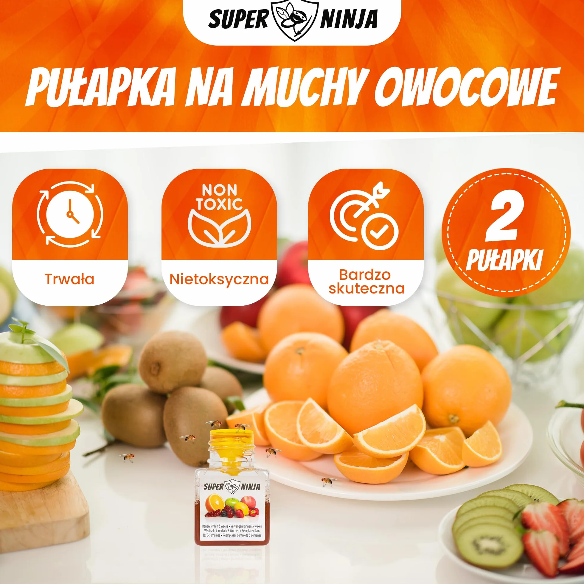 Super Ninja Pułapka na muchy owocowe - Ekologiczne i skuteczne pułapki na muchy owocowe do użytku wewnątrz pomieszczeń - Przyjazne dla środowiska - Do 3 tygodni na butelkę (4 Szt)