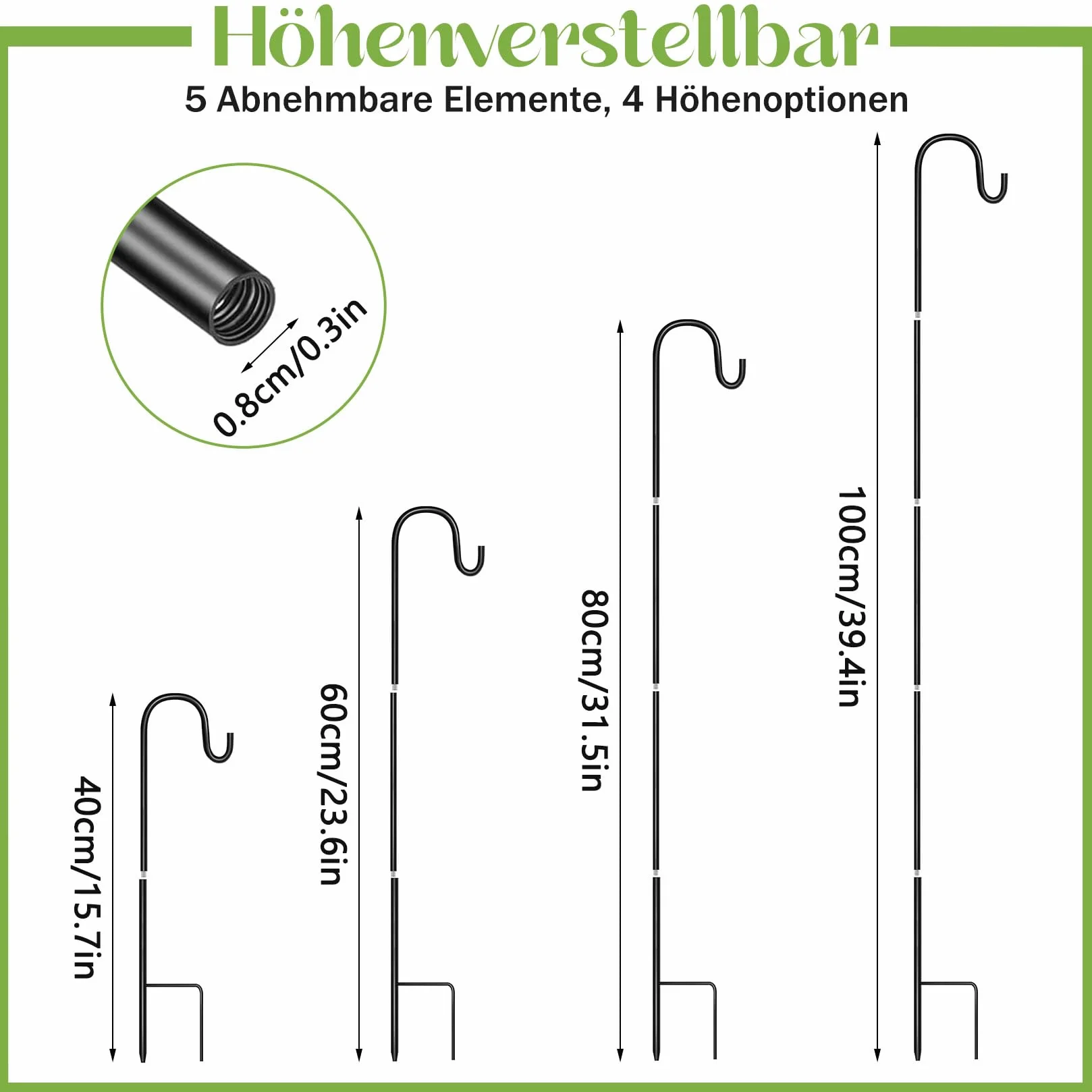 Haczyki pasterskie 100 cm, 4 sztuki haczyków pasterskich z 4 tabliczkami na rośliny, z regulacją wysokości, pręt pasterski, metalowy pręt ogrodowy z hakiem do klatek dla ptaków, dzwonków