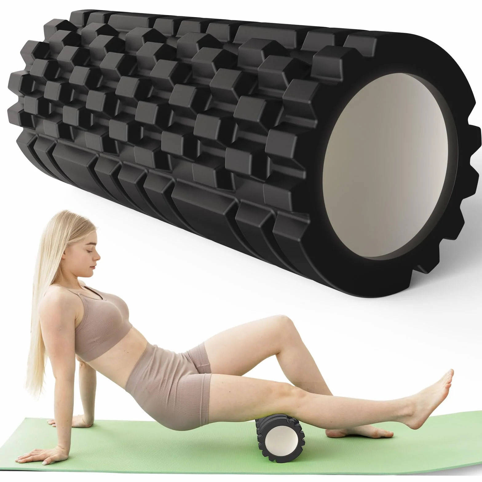 Rolka do Masażu Powięziowego, Rolka Fitness z Strukturą 3D do Masażu Kręgosłupa i Całego Ciała, Rolka z Pianki, 33 x 14 cm, do fitnessu, Jogi, Pilatesu i Innych Rodzajów Treningu, Czarna