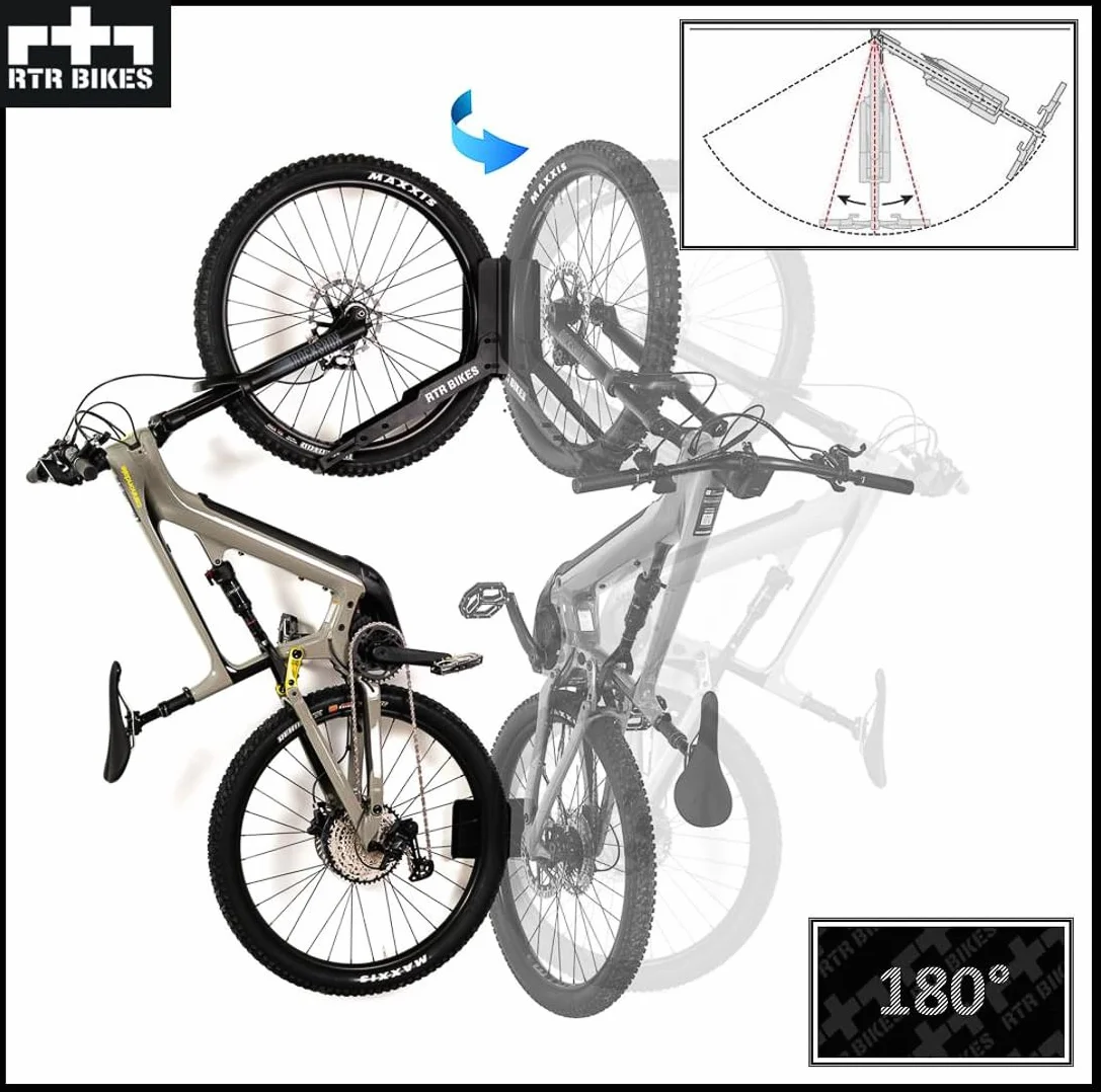 RTR BIKES Kranked Twist Obrotowy Wieszak Rowerowy na Ścianę – Uchwyt 180° – Do E-Bike i MTB do 30kg – Koła 24-29" i Opony 3,5" – Oszczędność Miejsca – Made in Poland