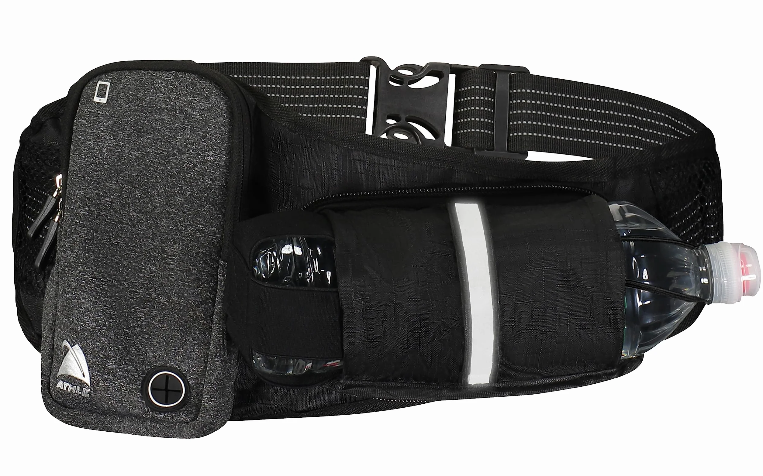 Running Belt Water Bottle Pouch Pozioma, duża kieszeń Fanny Pack Nadaje się do większości telefonów i portfeli, regulowany pasek w pasie jeden rozmiar, breloczek do kluczy, odblaskowy 360 czarny