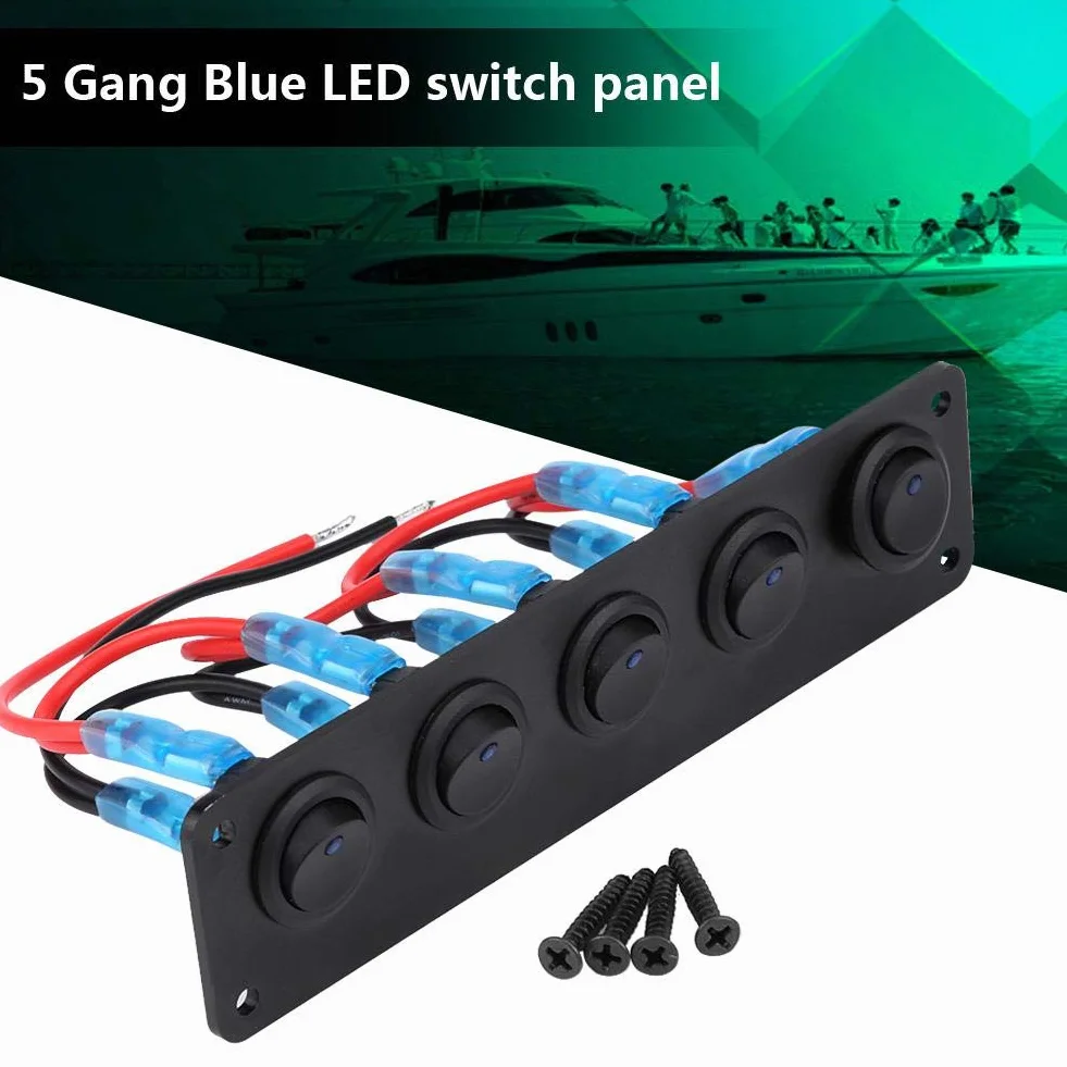 Keenso Panel przełącznika kołyskowego 12 V / 24 V, wodoodporny, 5 Gwintowany okrągły przełącznik Dash Blue LED do kampera, łodzi, jachtu morskiego, 12 V, gniazdko elektryczne
