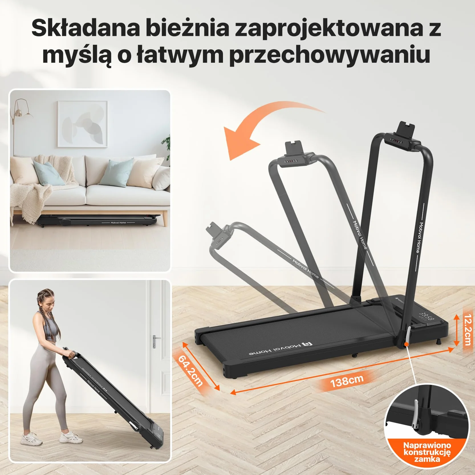 Mobvoi Home Treadmill Plus 3 w 1 składana bieżnia Walking Pad 2,5 KM Kompaktowa maszyna do biegania pod biurkiem do domu i biura Zdalne sterowanie Wyświetlacz LED Głośnik Duża 120 kg 12 km/h