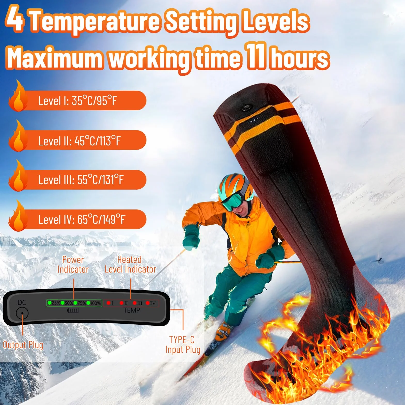 Ogrzewane skarpety, 2 x 5000 mAh, możliwość ponownego ładowania, z 4 ustawieniami temperatury, można prać w temperaturze do 65°C, ogrzewacze do stóp, na kemping, polowanie, jazdę na
