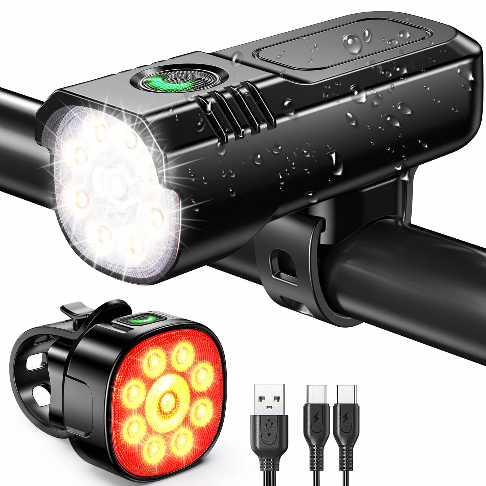 ISEYOU Światła rowerowe LED 8+7 trybów 9+9 diod przednie i tylne szybkie ładowanie USB IP65