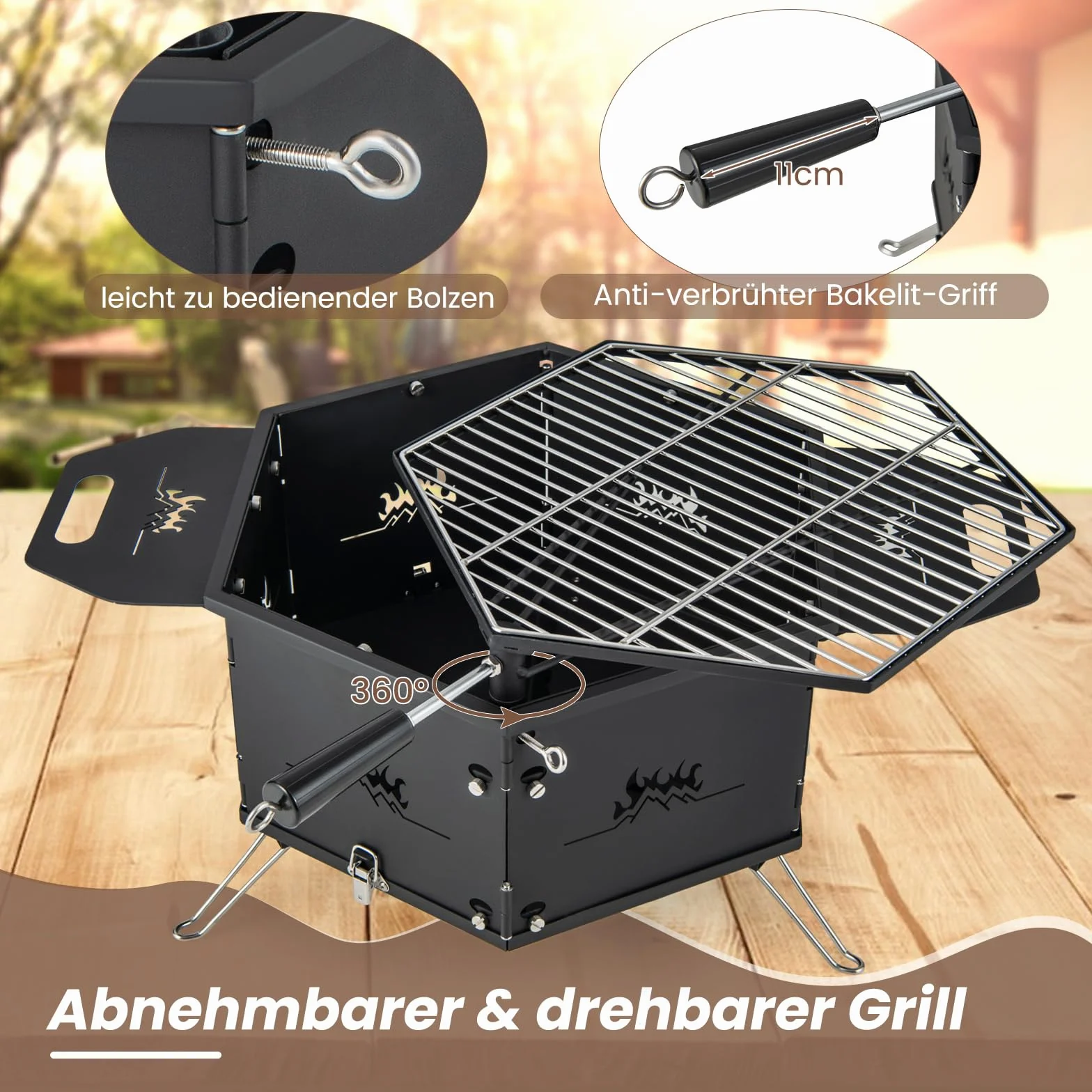COSTWAY Duży grill na węgiel drzewny, obracany o 360°, palenisko 2 w 1, składany grill, grill kempingowy z uchwytami do gotowania i ogrzewania, na imprezy, kemping, wędrówki z plecakiem, 77 x 74 x 38