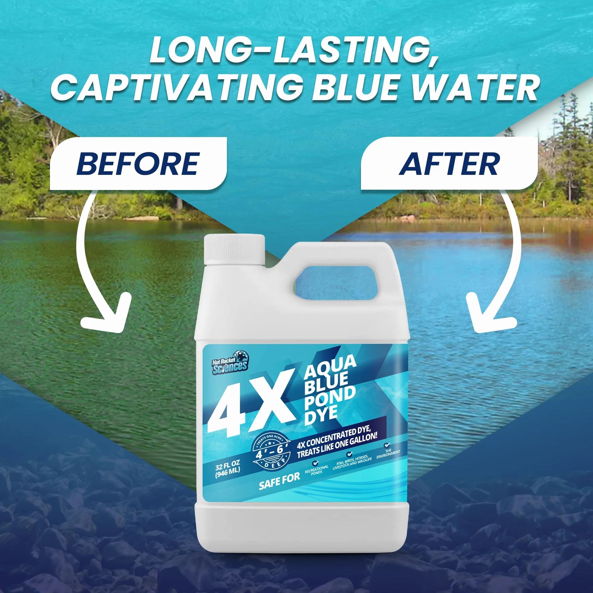 Aqua Blue Pond Dye 4X koncentrat, barwnik do jeziora i stawu niebieski do wodnego błękitu, idealny niebieski barwnik do stawu i barwnik jeziora, barwnik do stawu Aquashade, który chroni przed światłem