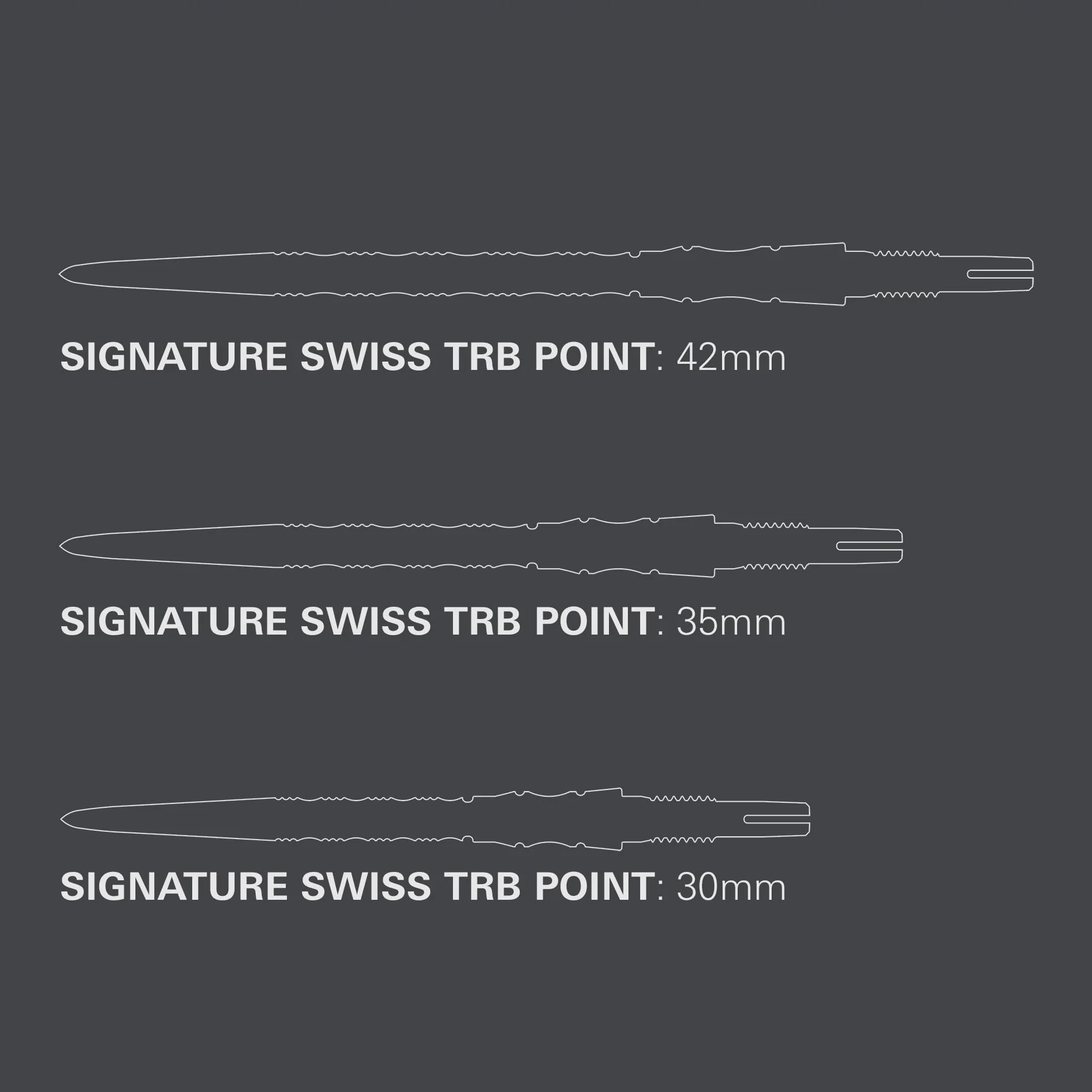 Target Darts Signature Swiss Point TRB Tips 3 Pack 30mm 35mm 42mm Złoto Srebro Czarny