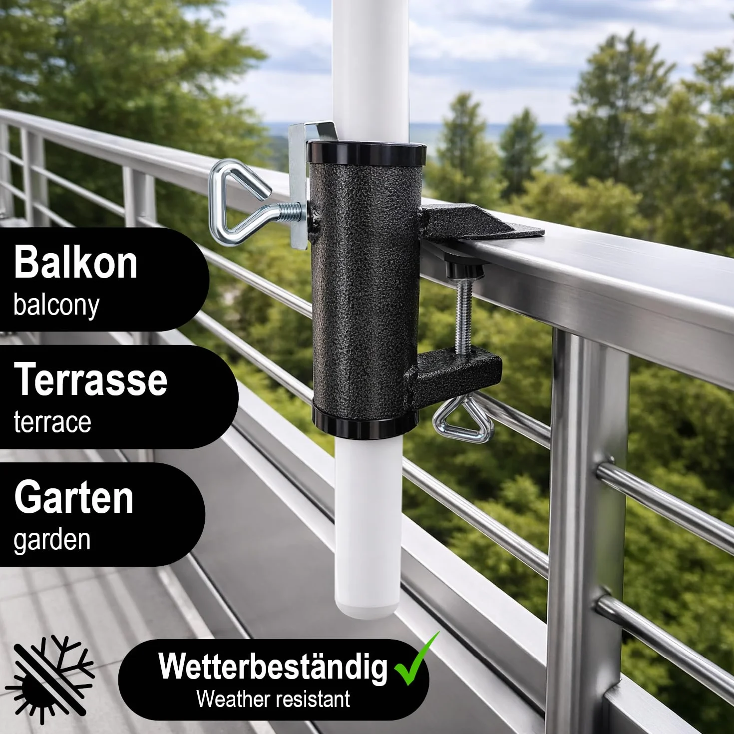 com-four® Uchwyt do parasola ze stali, mocowanie balkonowe bez wiercenia do balustrady lub stolu, uchwyt XL do parasola ogrodowego, stabilne mocowanie (1 sztuka antracyt - Ø 25-38mm)