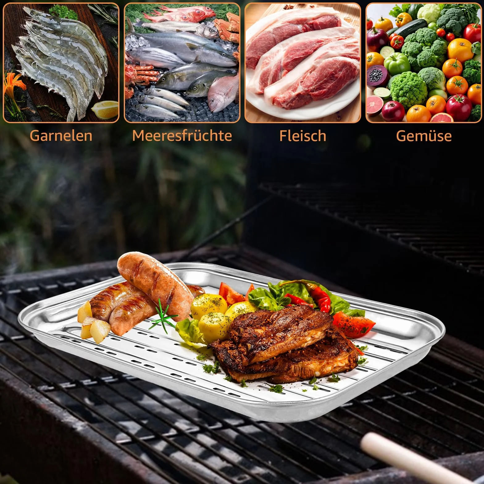 2 sztuki tacki do grillowania wielokrotnego użytku, prostokątne naczynia do grilla z stali nierdzewnej, perforowane, 34,5 x 24,5 cm, do grilla gazowego i węglowego, mięsa, warzyw