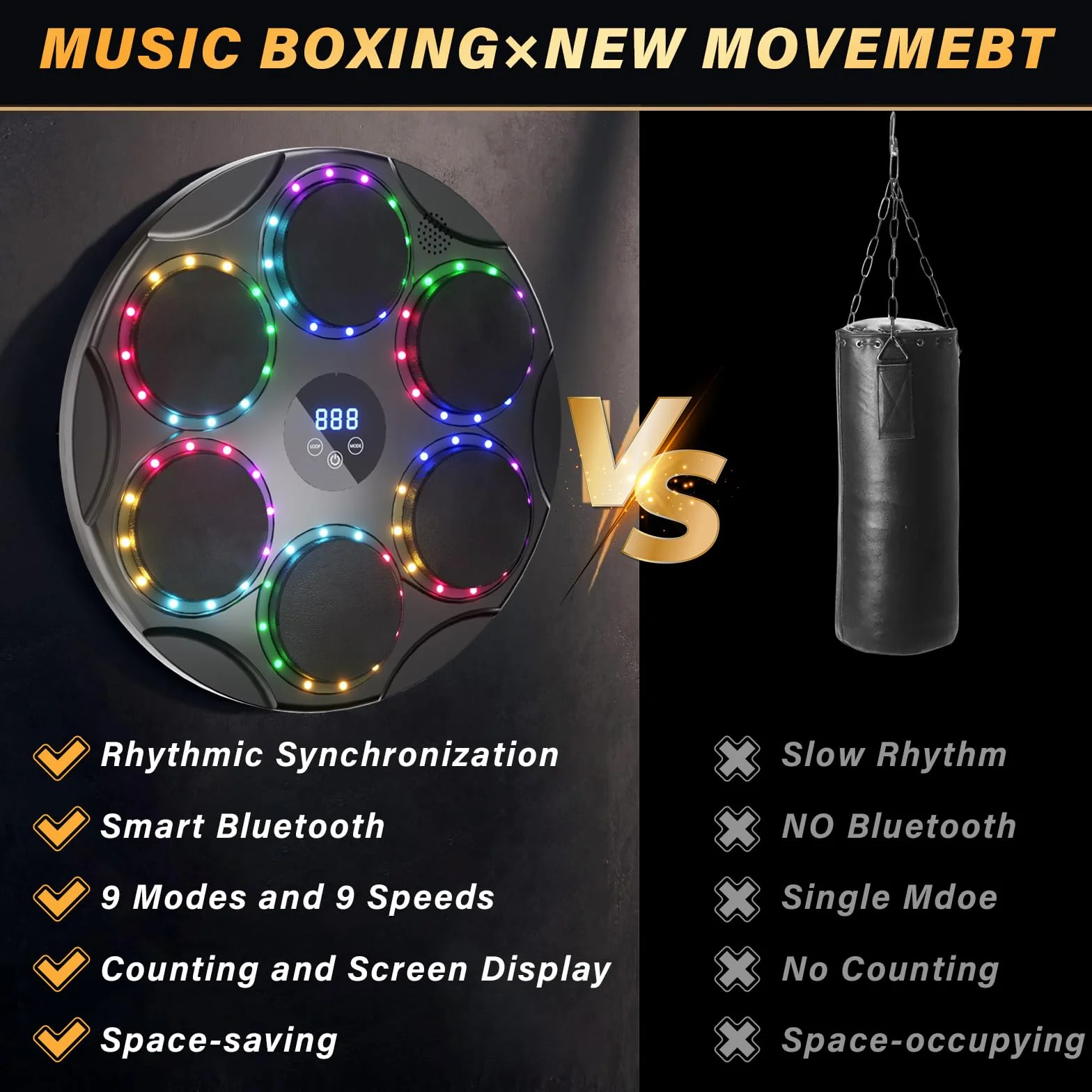 TODO Music Boxing Machine, Smart Bluetooth LED, urządzenie bokserskie z muzyką, 9 trybów prędkości i kolorowe światła, dla dzieci i dorosłych, prezent na Boże Narodzenie