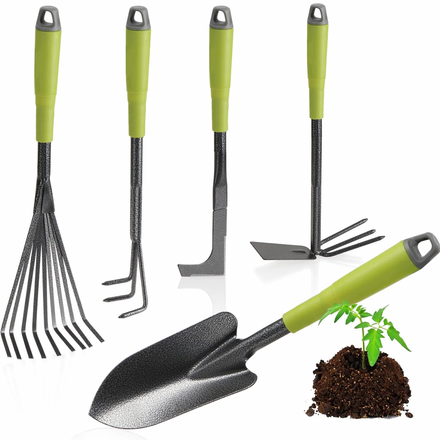 COM-FOUR® 5-czesciowy zestaw narzedzi ogrodowych - zestaw ogrodowy z podwójna motyka, malym kultywatorem, skrobaczka do fug, grabiami recznymi, kielnia