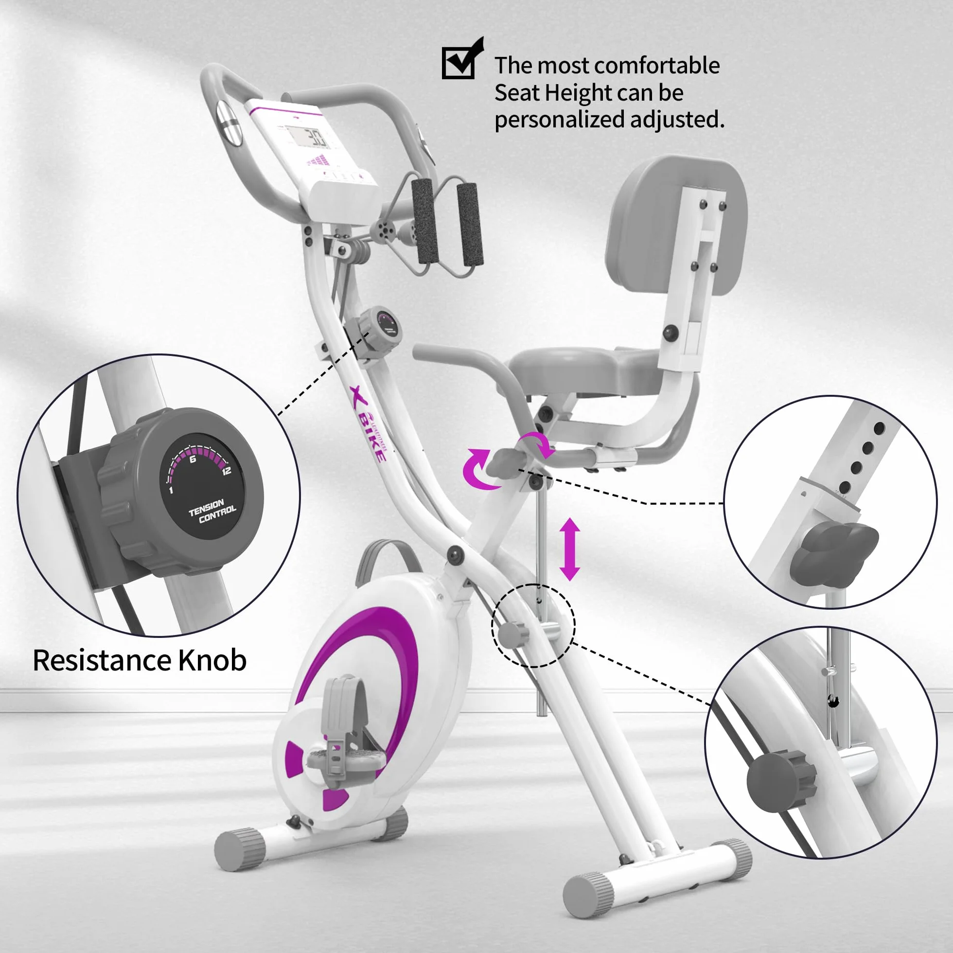 leikefitness Składany rower stacjonarny poziomy rower treningowy z opaskami oporowymi na ramię - czujnik pulsu - monitor LCD i łatwy w montażu rower do jazdy na rowerze stacjonarnym 2280