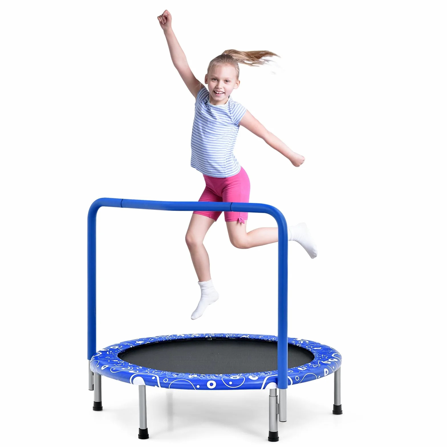KOMFOTTEU Mini trampolina dla dzieci 92 cm składana z uchwytem i osłoną bezpieczeństwa do 150 kg