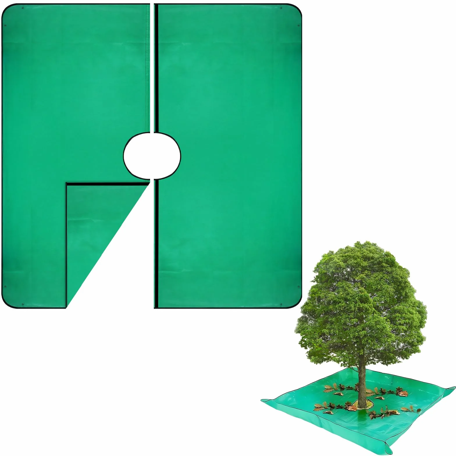 DBREAKS Plandeka krajobrazowa do przycinania 200 x 200 cm z otworem 30 cm, mata do cięcia roślin, narożniki mają narożne klamry do łatwego mocowania wokół krzewów i drzew (zielona)
