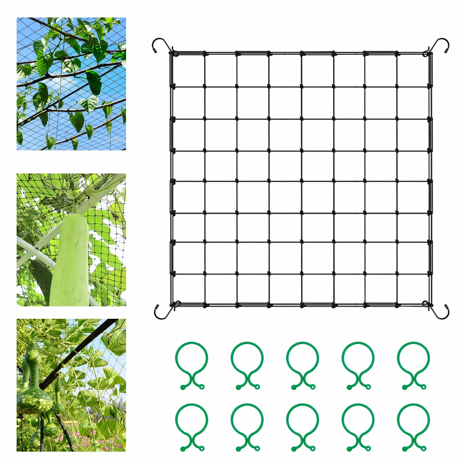 Siatka Scrog 90x90 cm, siatka do uprawy w namiocie, siatka wsparcia dla roślin, elastyczna siatka szpalkowa z 4 hakami i 10 zabezpieczonymi klipsami do roślin, do warzyw, owoców, kwiatów, do