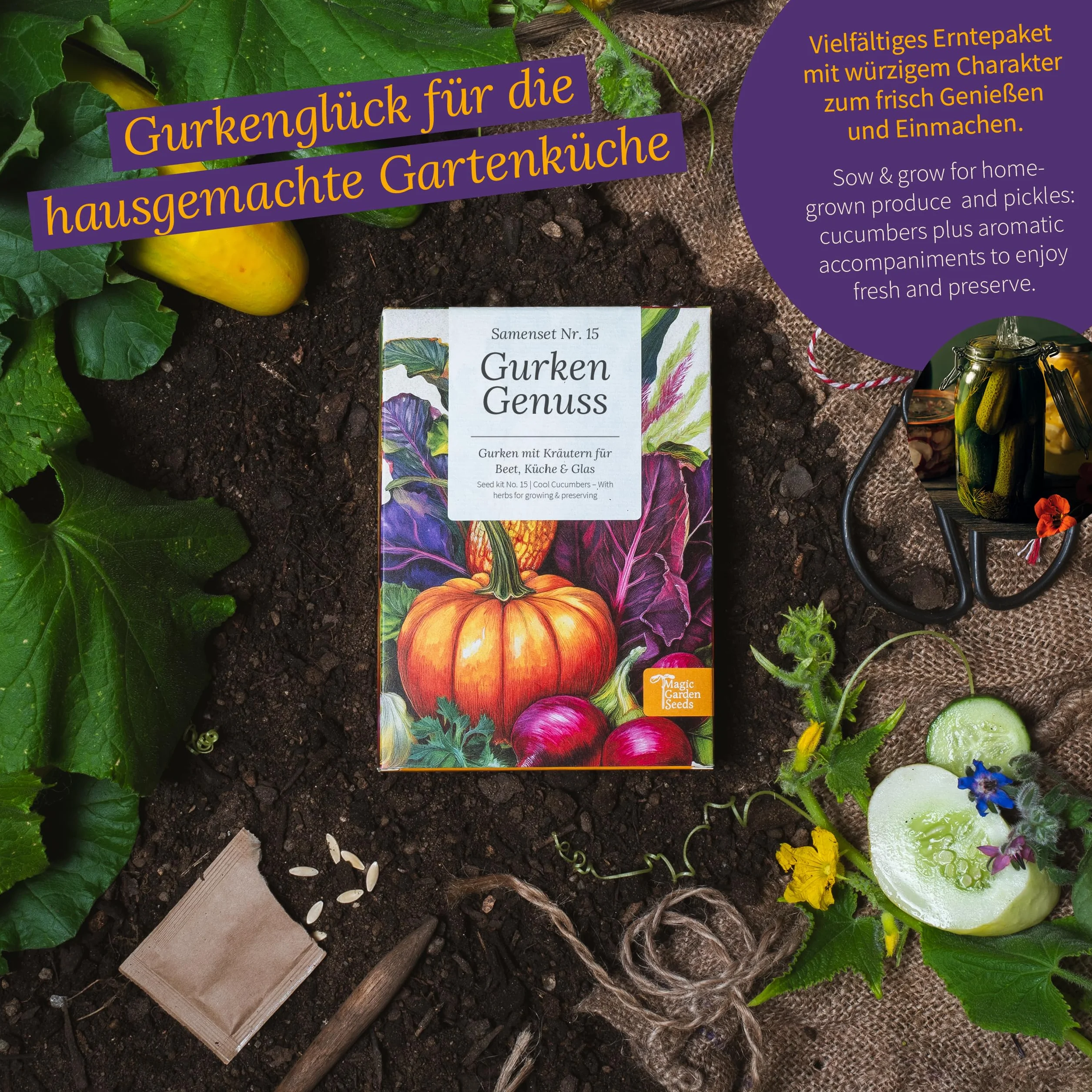 Magic Garden Seeds - Zestaw nasion do ogórków z 6 odmian: ogórki do konserw, ogórki sałatowe, koperek i cebula - chrupiąca różnorodność do łóżek, balkonu i kuchni - idealny do samodzielnego uprawiania