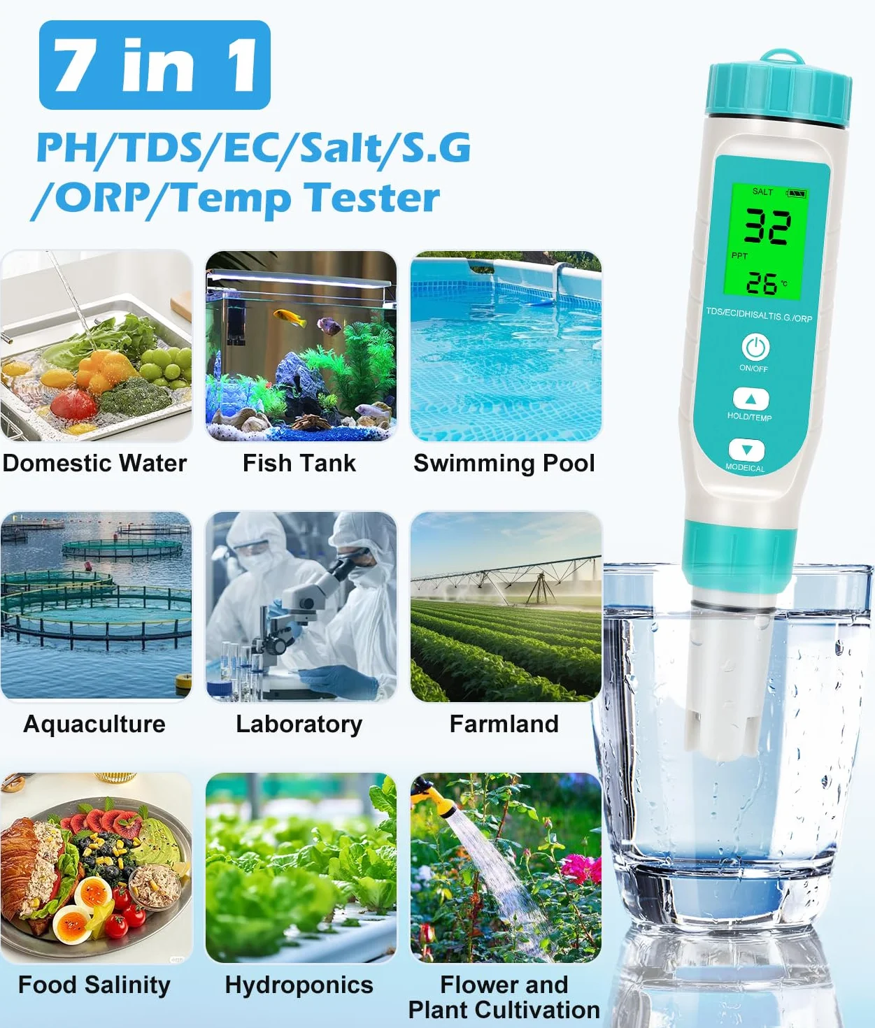 WADEO Miernik ph, 7 w 1 miernik ph wody do PH/TDS/EC/zasolenia/S.G/Gold/Temperatura, phmetr z wyświetlaczem LCD, precyzyjny test wody pitnej do wody pitnej, basenu, akwarium
