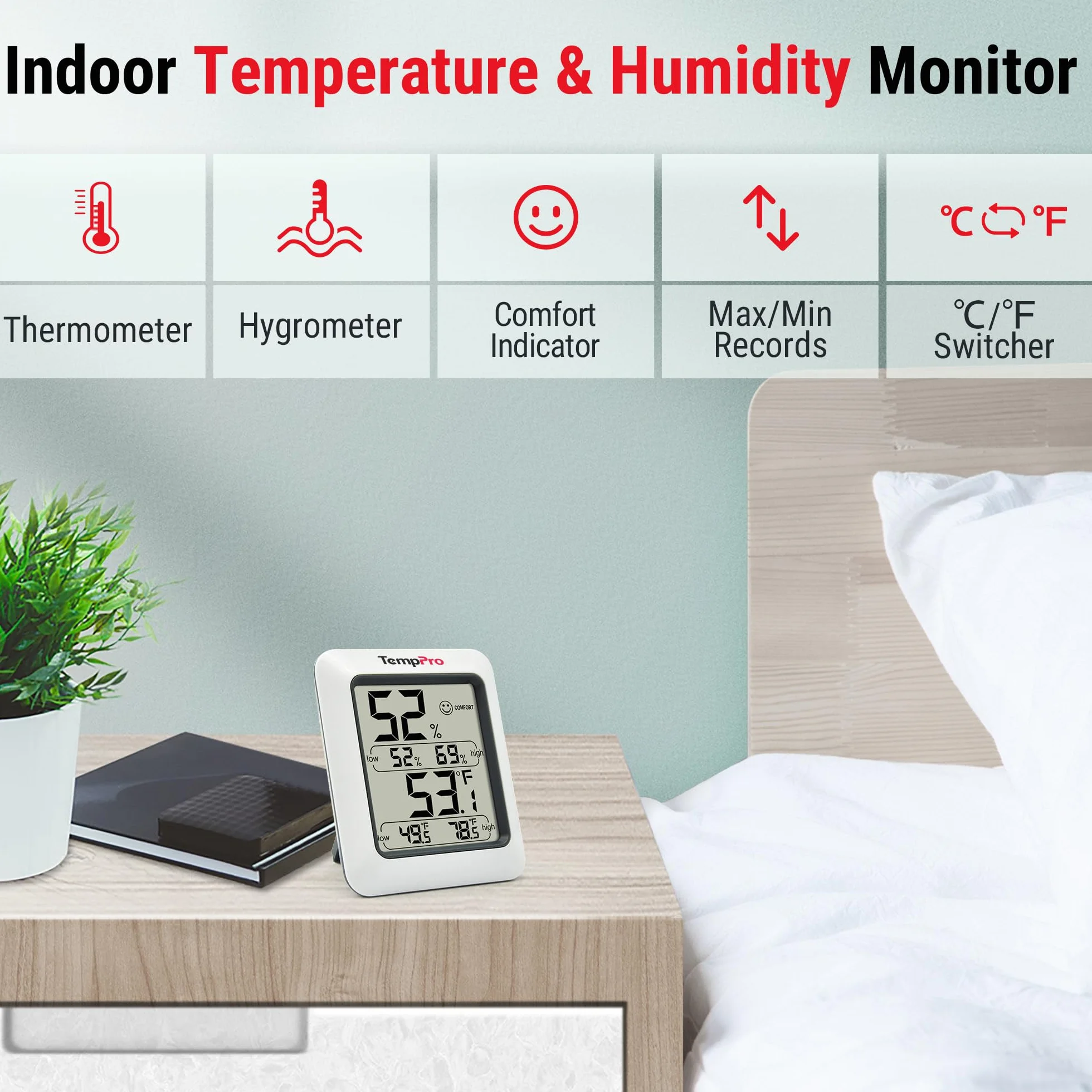 ThermoPro TP50 cyfrowy termohigrometr higrometr termometr pokojowy termometr pokojowy z zapisem i wskaźnikiem klimatu w pomieszczeniu do kontroli klimatu w pomieszczeniu monitor klimatu
