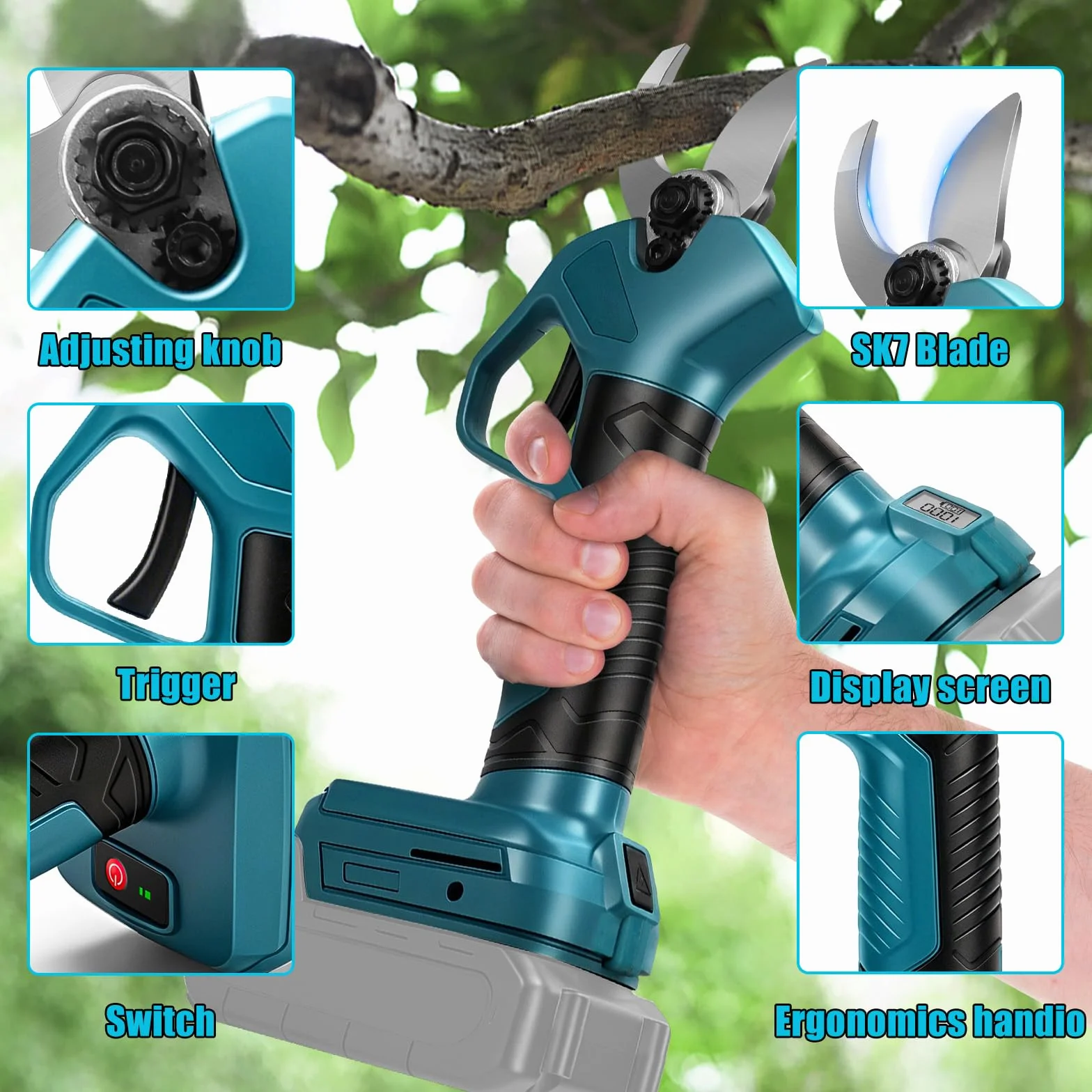 Akumulatorowe nożyce do gałęzi kompatybilne z akumulatorem Makita 18 V, silnik bezszczotkowy, cyfrowy wyświetlacz LCD, maksymalna średnica cięcia 45 mm, do przycinania drzew i drzew owocowych