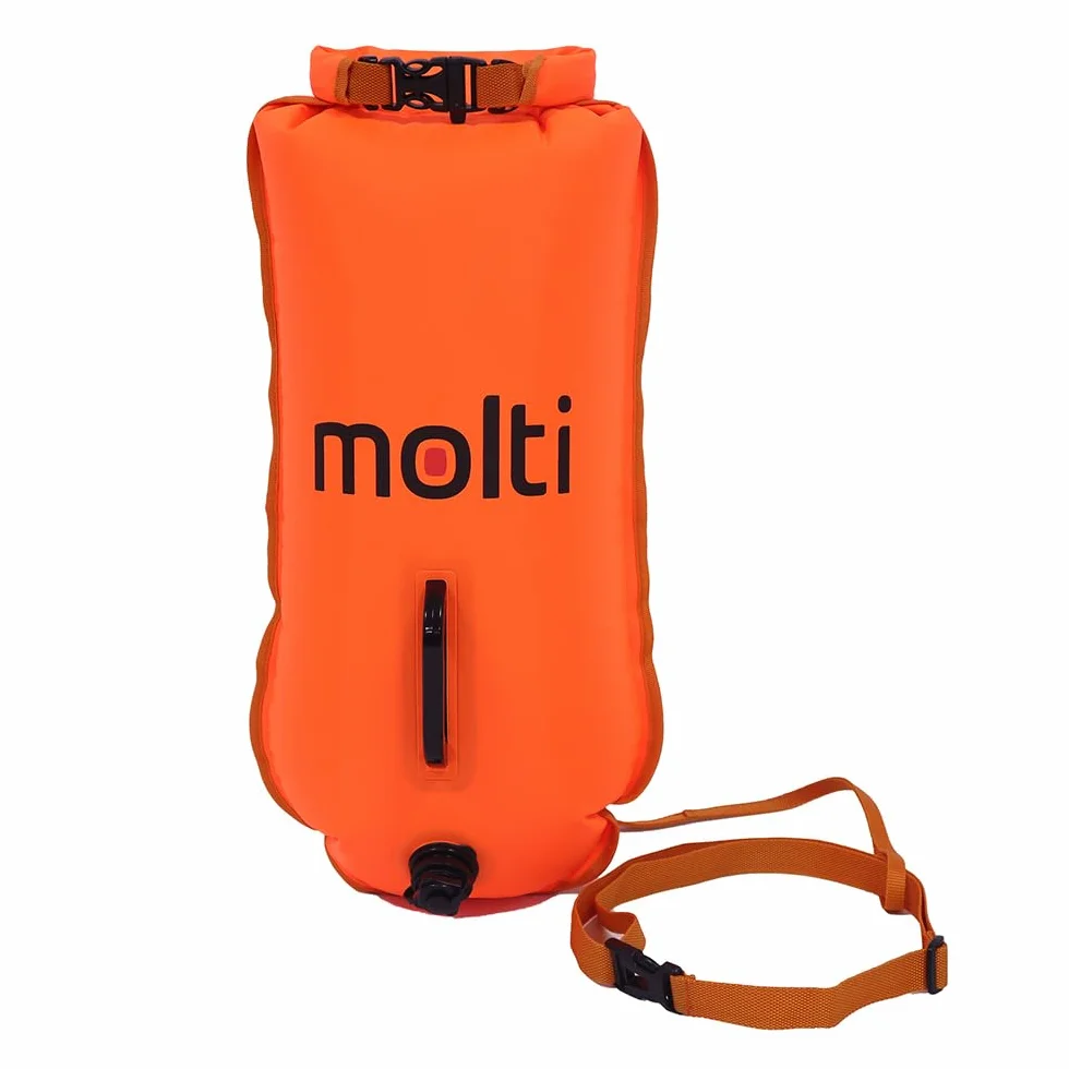 molti 2 w 1 nadmuchiwana boja do pływania i worek na sucho, 15 l, 28 l, boja dla dorosłych, Baywatch Boja z gwizdkiem alarmowym i pokrowcem na telefon komórkowy, kolor pomarańczowy, bezpieczeństwo