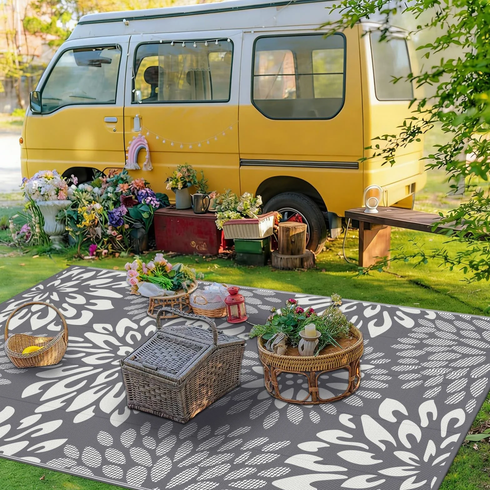 SHACOS Dywan zewnętrzny 180 x 270 cm Duży Dwustronny, Dywany Ogrodowe Wodoodporne Patio Odporne na UV Lekkie, z Plastikowej Słomki Mata Zewnętrzna na Patio Balkon Kemping Podwórko Plażę, Liść, Szary