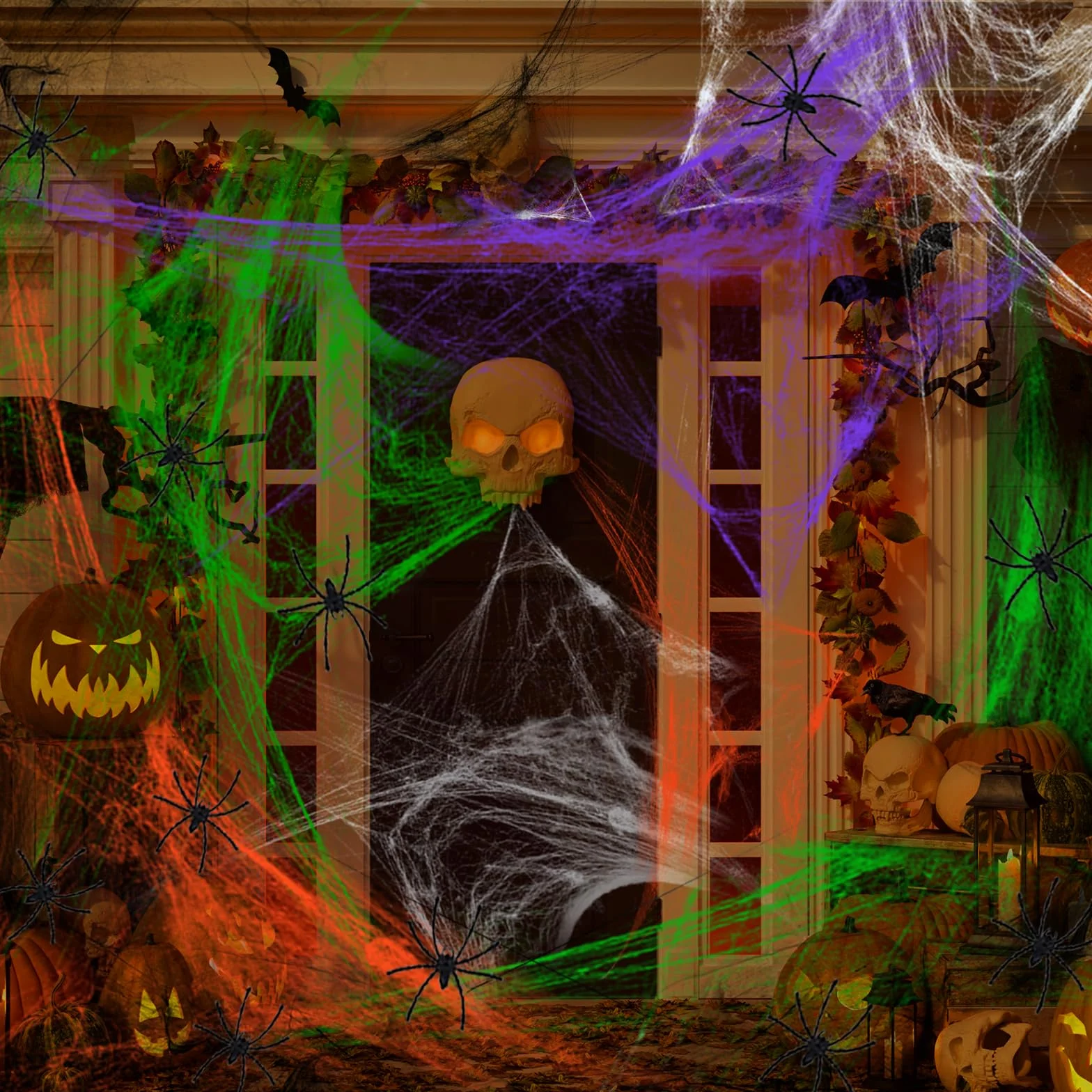 Dekoracyjna pajęczyna na Halloween, 300 g, biała, do użytku na zewnątrz, z 50 czarnymi pająkami z horroru, 1500 m², do użytku wewnątrz pomieszczeń, straszna dekoracja na Halloween, do