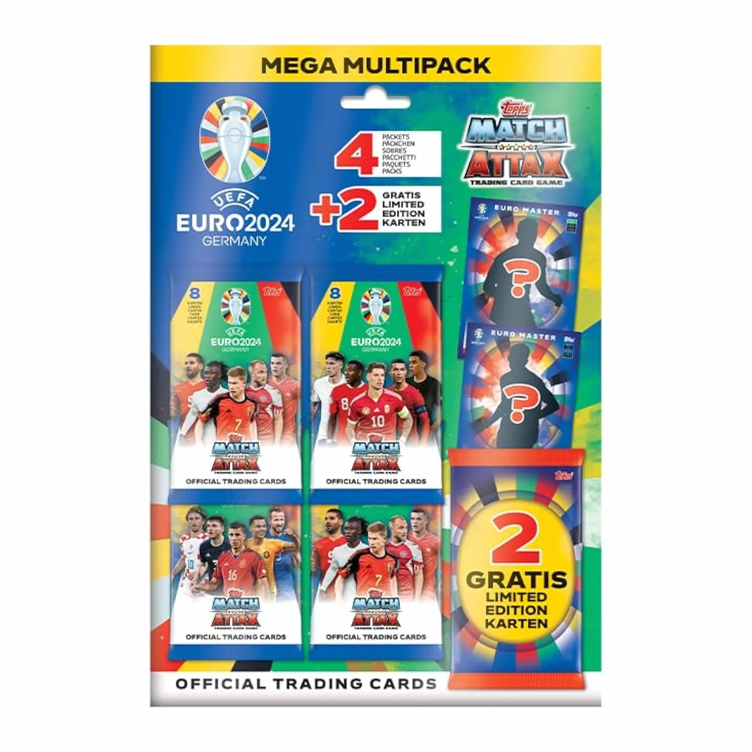 Topps Official Euro 2024 Match Attax – Mega Multipack – zawiera 32 euro 2024 karty Match Attax Plus 2 losowe karty Limited Edition.