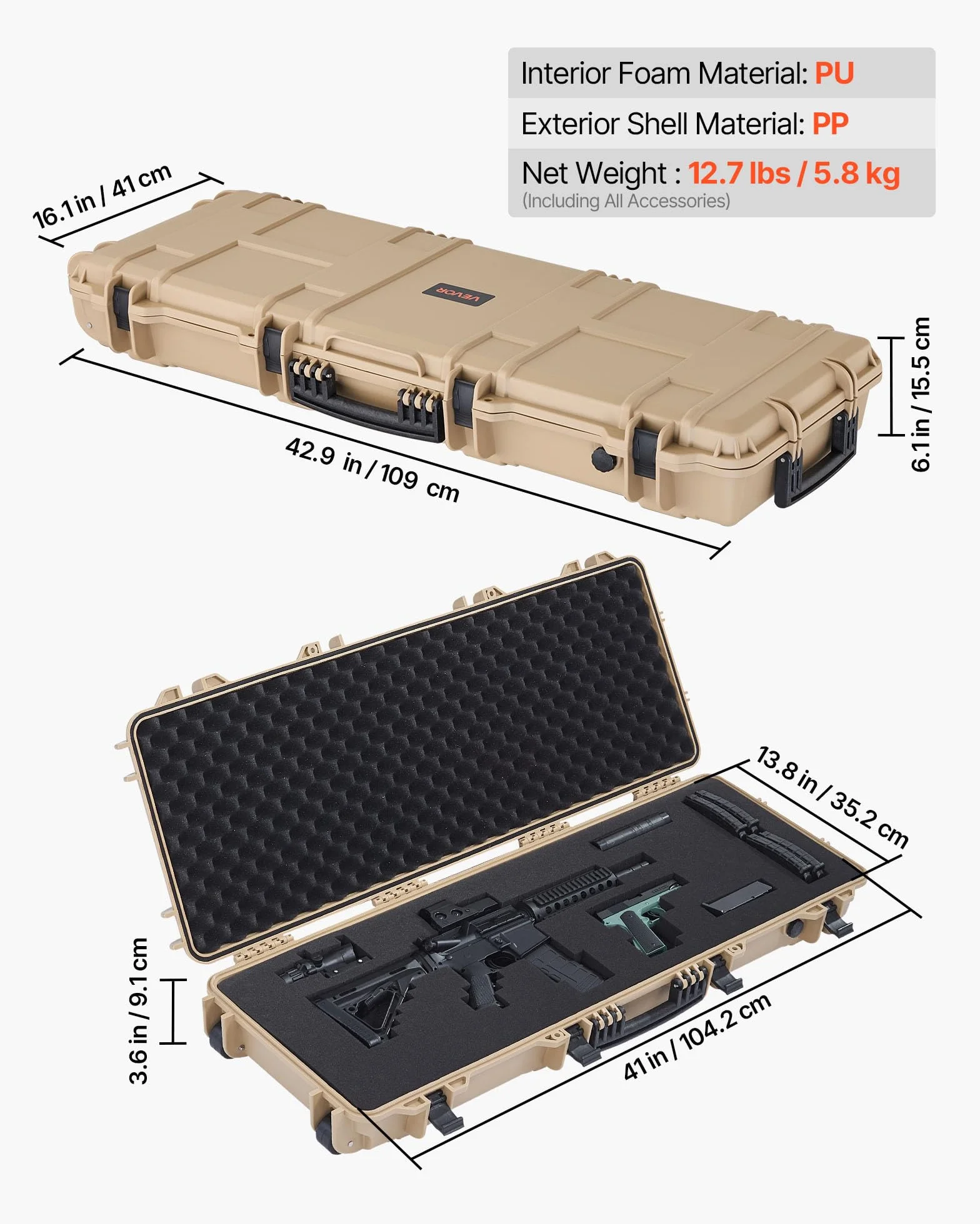 VEVOR Twardy futerał na broń długą, PP, z zamkiem i wstępnie wyciętą pianką, zwijany, wodoszczelny IP67, 1042 x 352 x 91 mm, khaki, do podróży środkami transportu publicznego