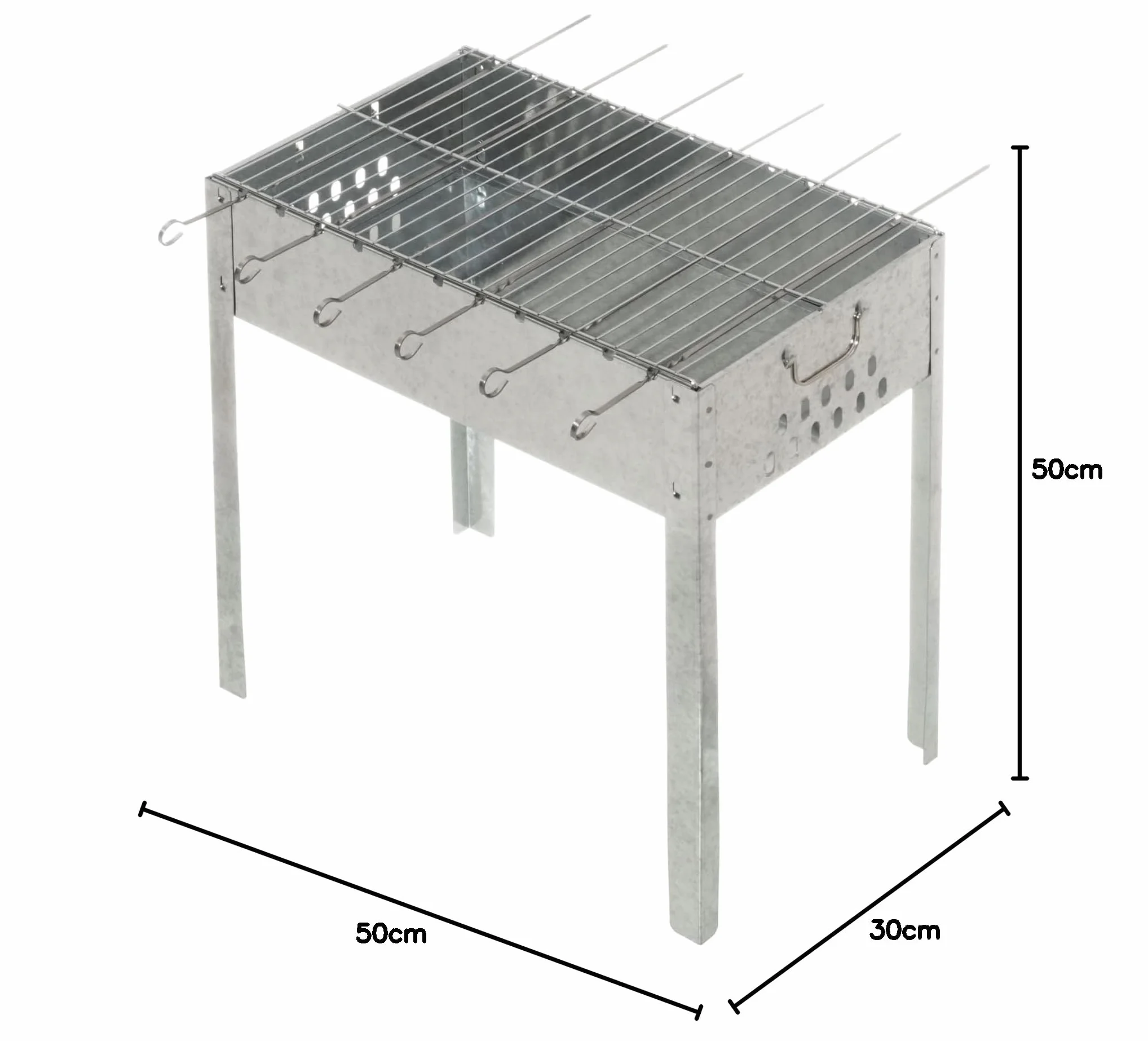 Mangal grill na szpikulce, do szaszłyków, 50 x 30 x 50 cm, w zestawie 6 szpikulców ze stali nierdzewnej i rusztem do grillowania