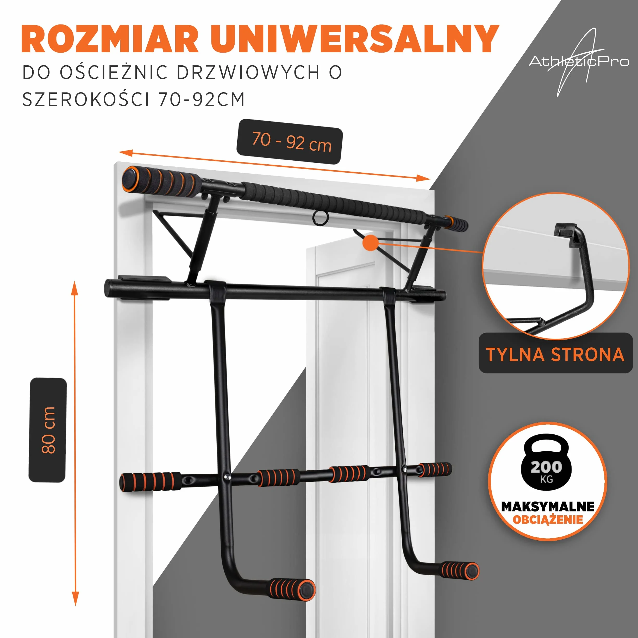 AthleticPro - Drążek do podciągania, rama drzwi ze stacją do dipów – obciążenie do 200 kg – bezpieczny drążek do podciągania – 20 cm wyższy w ramie – Dips & Push Up