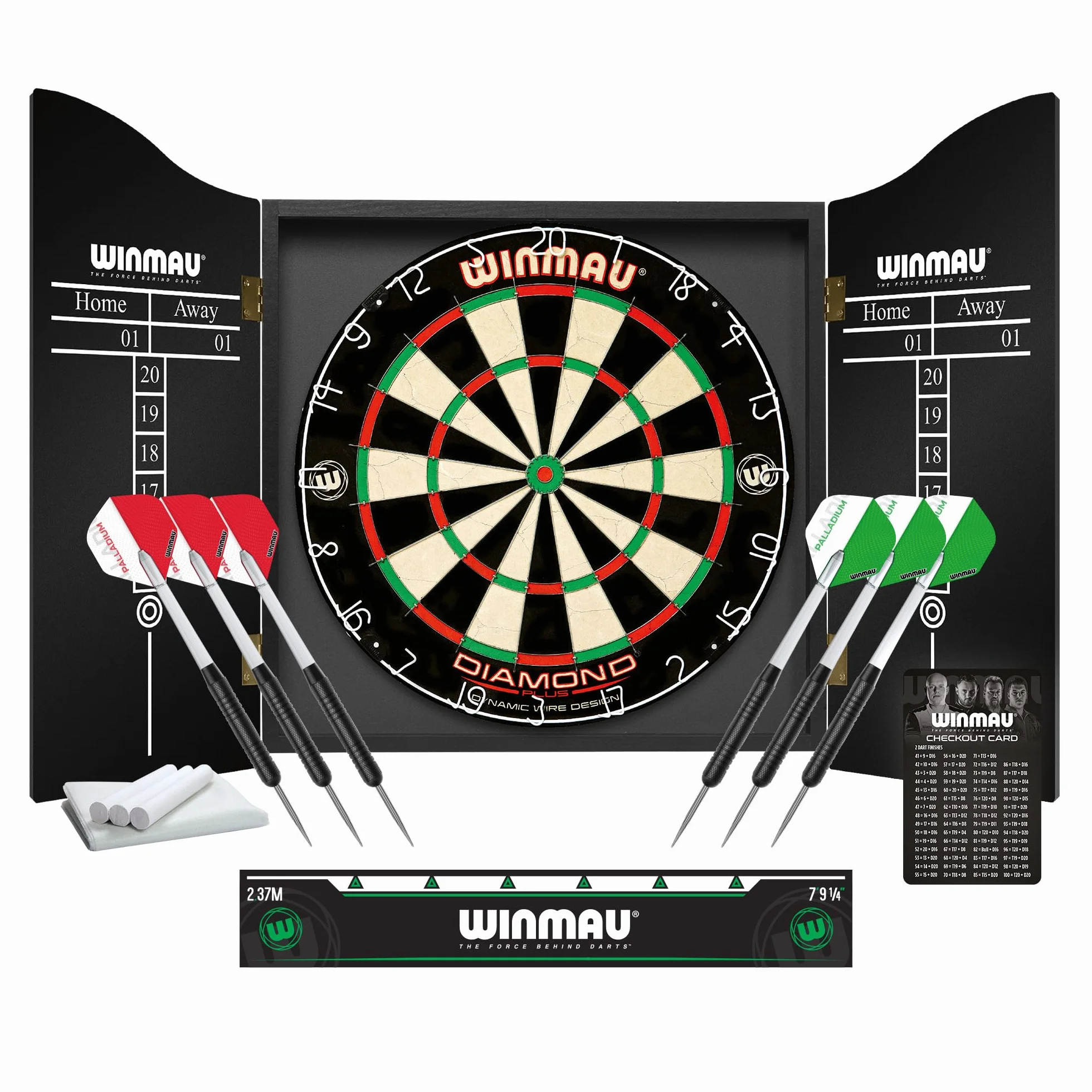 WINMAU Profesjonalny zestaw rzutek zawiera tarczę do darta Diamond Plus Bristle - czarna szafka - 2 zestawy rzutek - oficjalna linia Oche