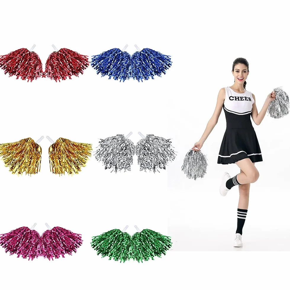 FIGFYOU 12 sztuk pomponów cheerleaderek puszyste metaliczne paski z plastikowym uchwytem